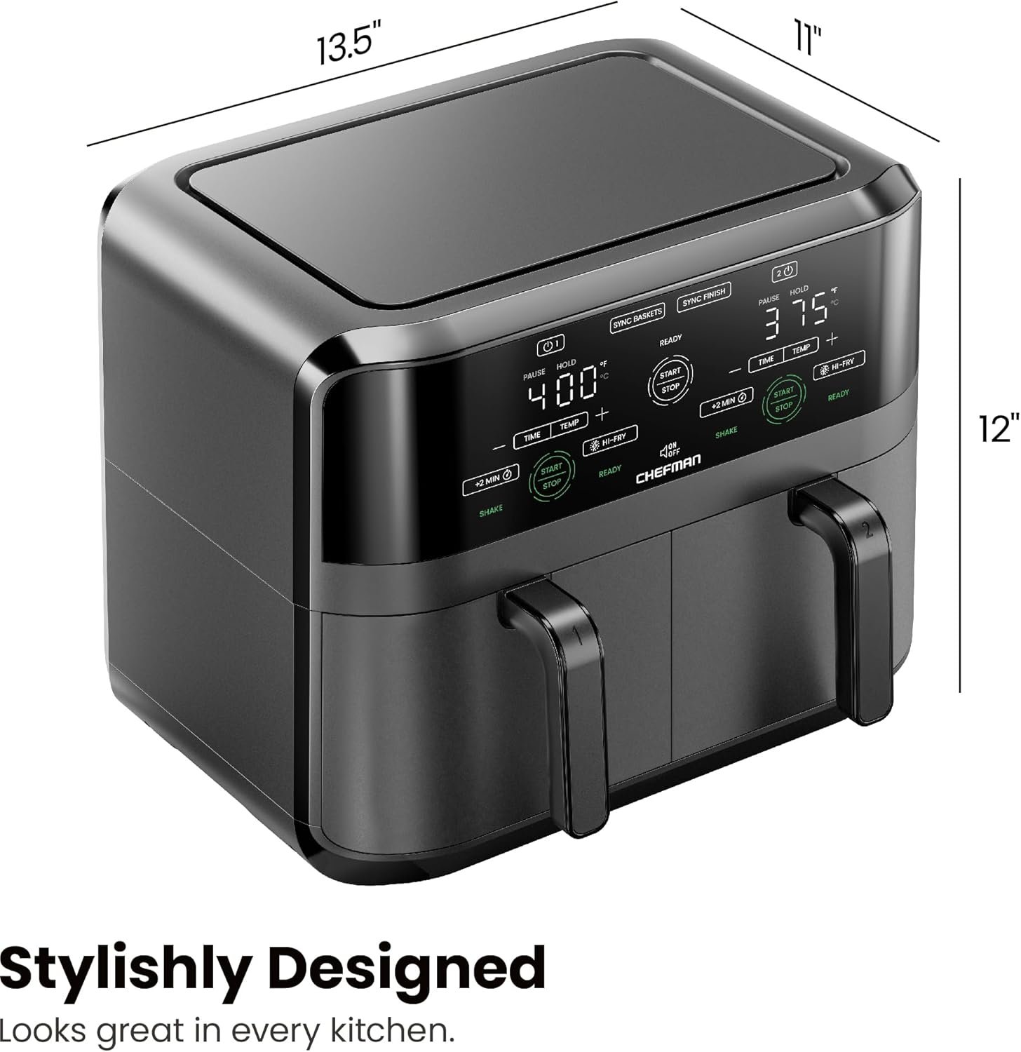 Chefman 6 Quart Dual Basket Air Fryer - Digital Touchscreen, Smart Sync Finish, Hi-Fry, Auto Shutoff, 2 Independent 3QT Nonstick Dishwasher-Safe Frying Baskets - Digital Double Air Fryer - Black - Image 9