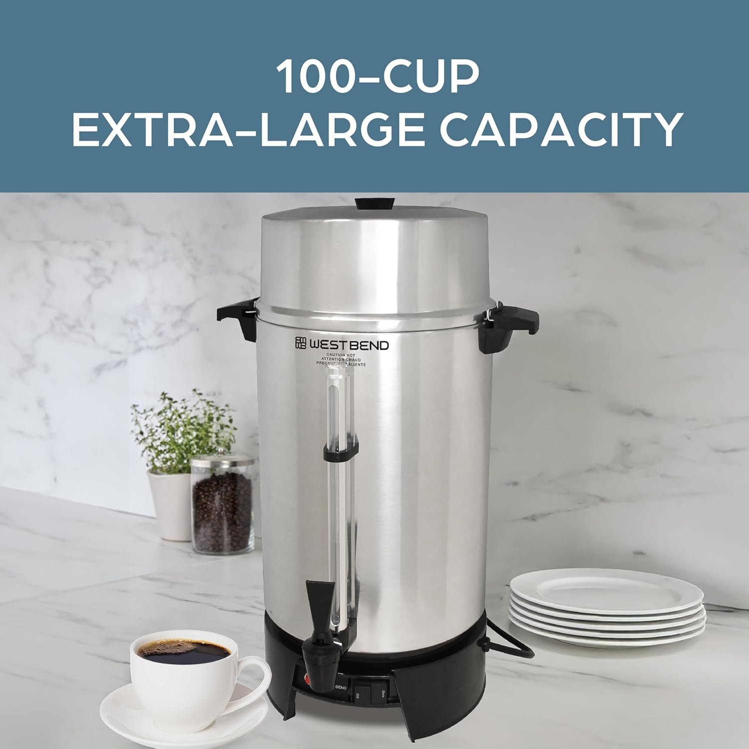 West Bend 33600 Coffee Urn Commercial Highly-Polished Aluminum NSF Approved Features Automatic Temperature Control Large Capacity with Fast Brewing and Easy Clean Up, 100-Cup, Silver - Image 3