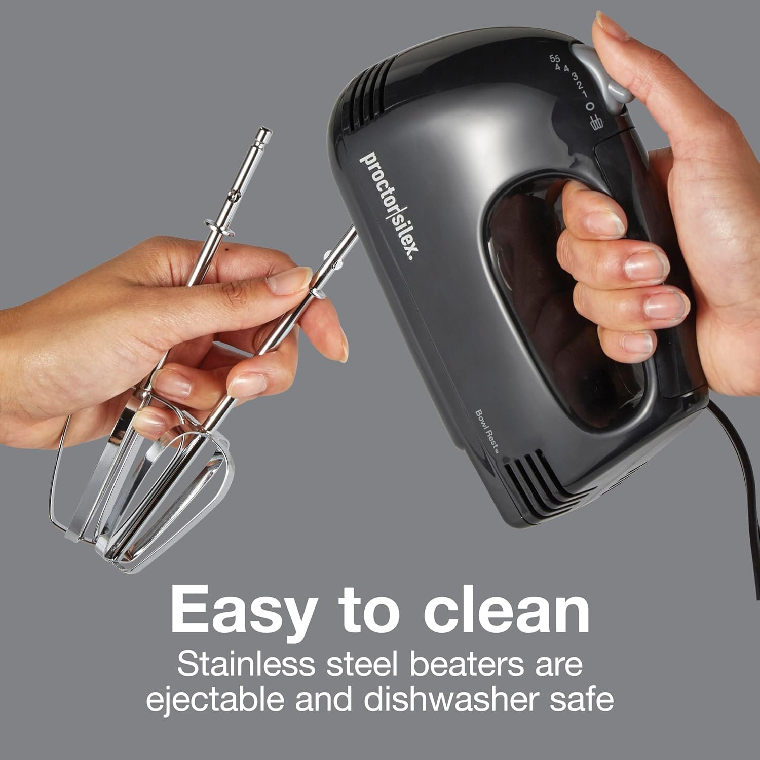 Proctor Silex Easy Mix 5-Speed Electric Hand Mixer with Bowl Rest, Compact and Lightweight, 100 Watts of Peak Power, Black (62507PS) - Image 5