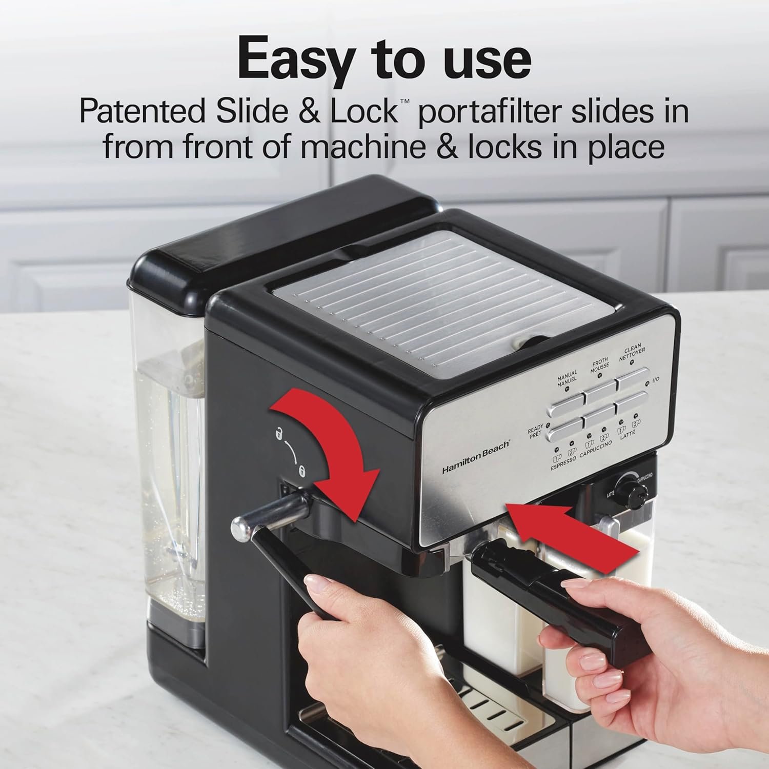 Hamilton Beach Slide and Lock Espresso Machine, Programmable Coffee Maker for Café-Quality Cappuccino & Latte, 15 Bar Pump, Milk Frother Steamer Wand, 70 oz. Removable Reservoir, Black (40750) - Image 4