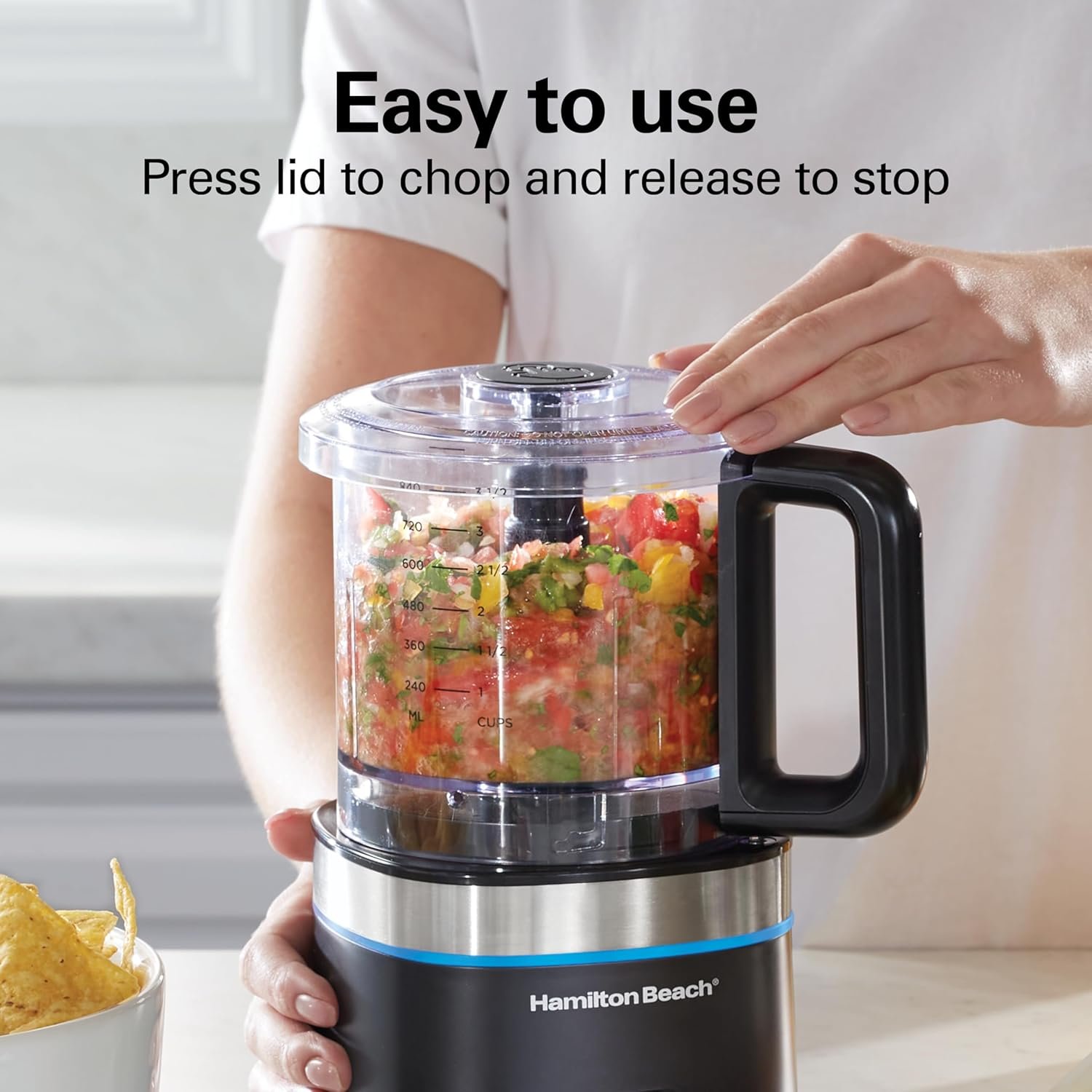 Hamilton Beach Powerful Cordless Mini Food Processor and Vegetable Chopper, 4 Cup Capacity, Fast Recharging, Includes Power Adapter, Chop, Puree, Emulsify, Grind, Dishwasher Safe Bowl, Black (72880) - Image 4