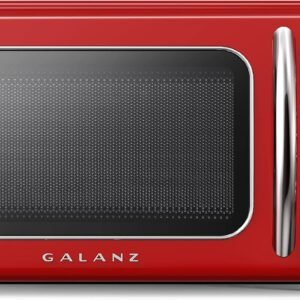 Galanz GLCMKZ11RDR10 Retro Countertop Microwave Oven with Auto Cook & Reheat, Defrost, Quick Start Functions, Easy Clean with Glass Turntable, Pull Handle, 1.1 cu ft, Red