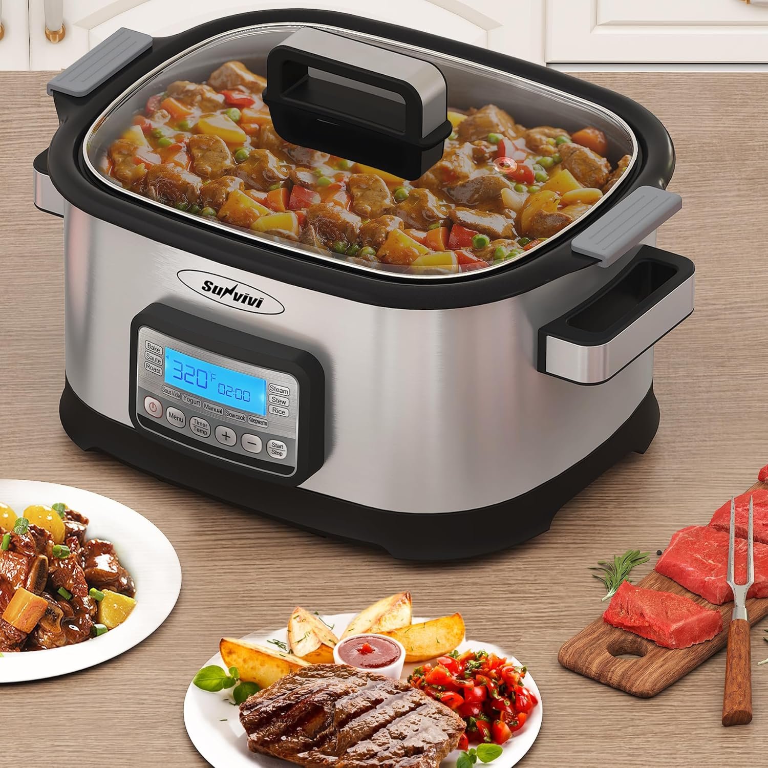 11-in-1 Multicooker, 6.5QT Slow Cooker Roaster Oven, Digital Programmable Multi Functional Pot with Timer, Temp Control, Delay Start, Glass Lid, Removable Nonstick Pot & Roast/Steam Rack - Image 3