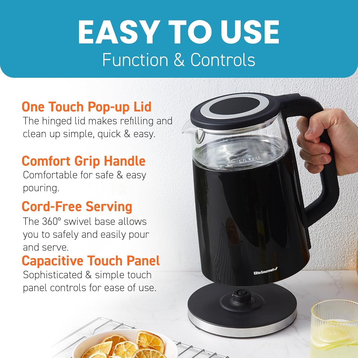 Elite Gourmet EKT8717 1.7L Dual Wall Cool Touch Electric Tea Kettle, Borosilicate Glass, 304 Stainless Steel Interior, Programmed Digital Touchscreen, Keep Warm, Auto Off & Audible Indicator, Black - Image 3