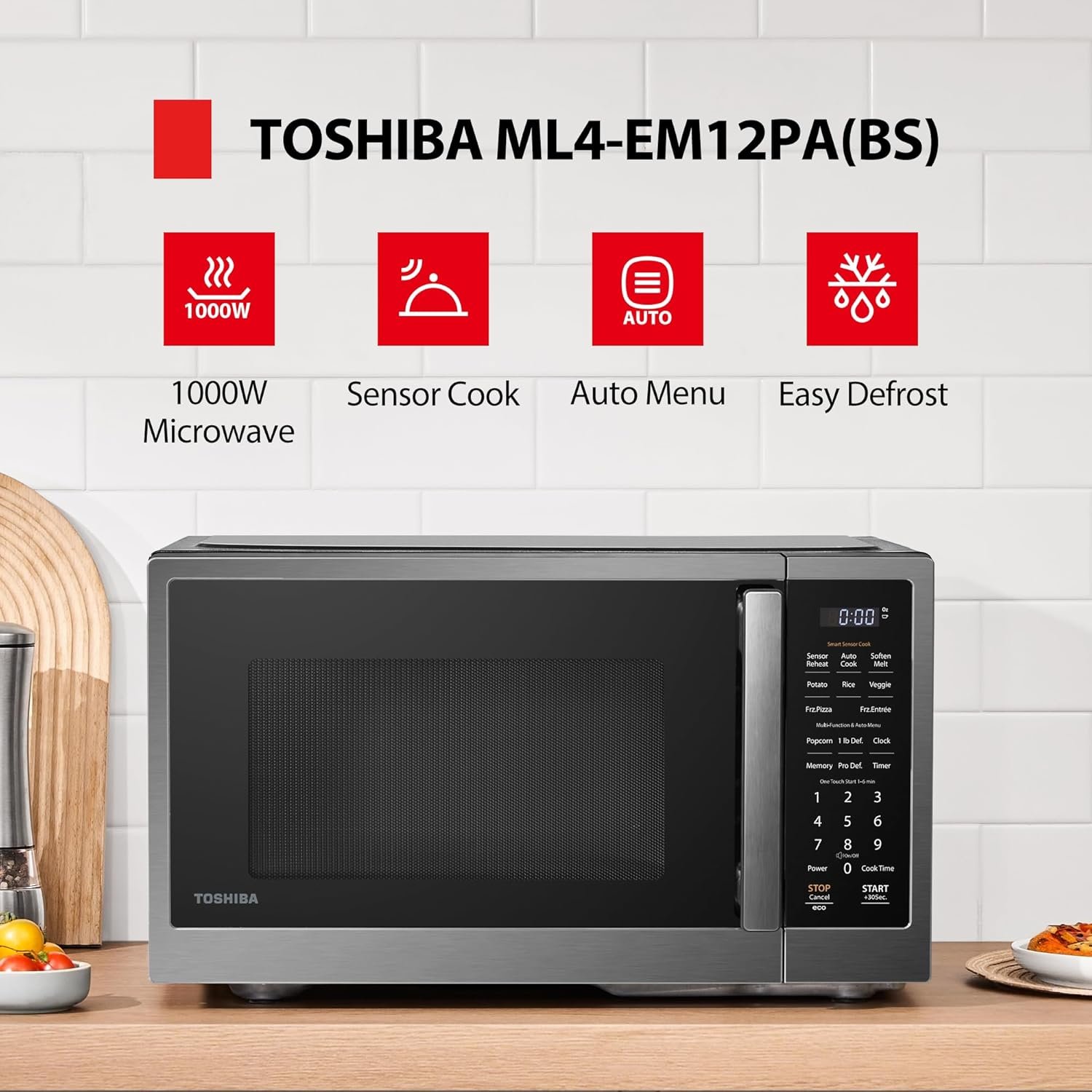 TOSHIBA ML4-EM12PA(BS) Countertop Microwave Oven with Stylish Design As Kitchen Essentials, Smart Sensor, 13 Auto Menus&Mute Function, 1.2 Cu Ft with 12.4" Turntable, 1000W, Black Stainless Steel - Image 2
