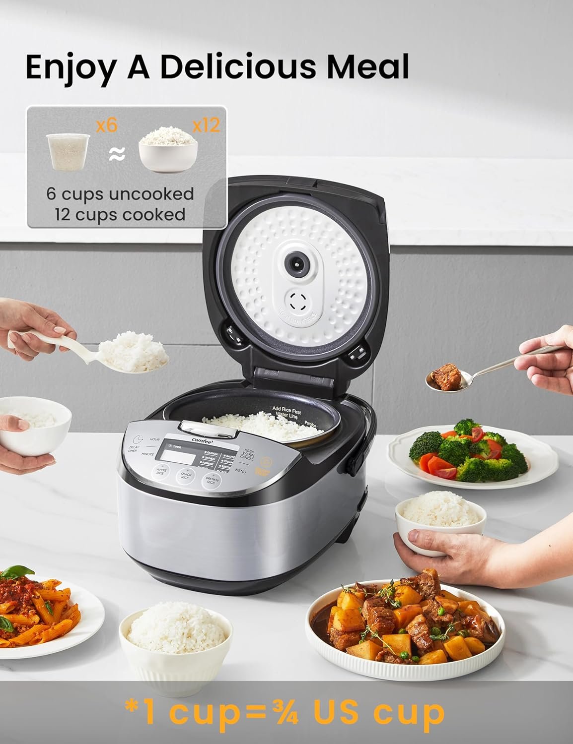 COMFEE' Rice Cooker 12 Cups Cooked/6 Cups Uncooked, Portable Non-Stick Rice Maker, Japanese Rice Cooker with Fuzzy Logic Technology, 24-Hour Timer Delay, 11 Presets, Steamer, Fast Rice Cooker, Grain Cooker, Black - Image 3