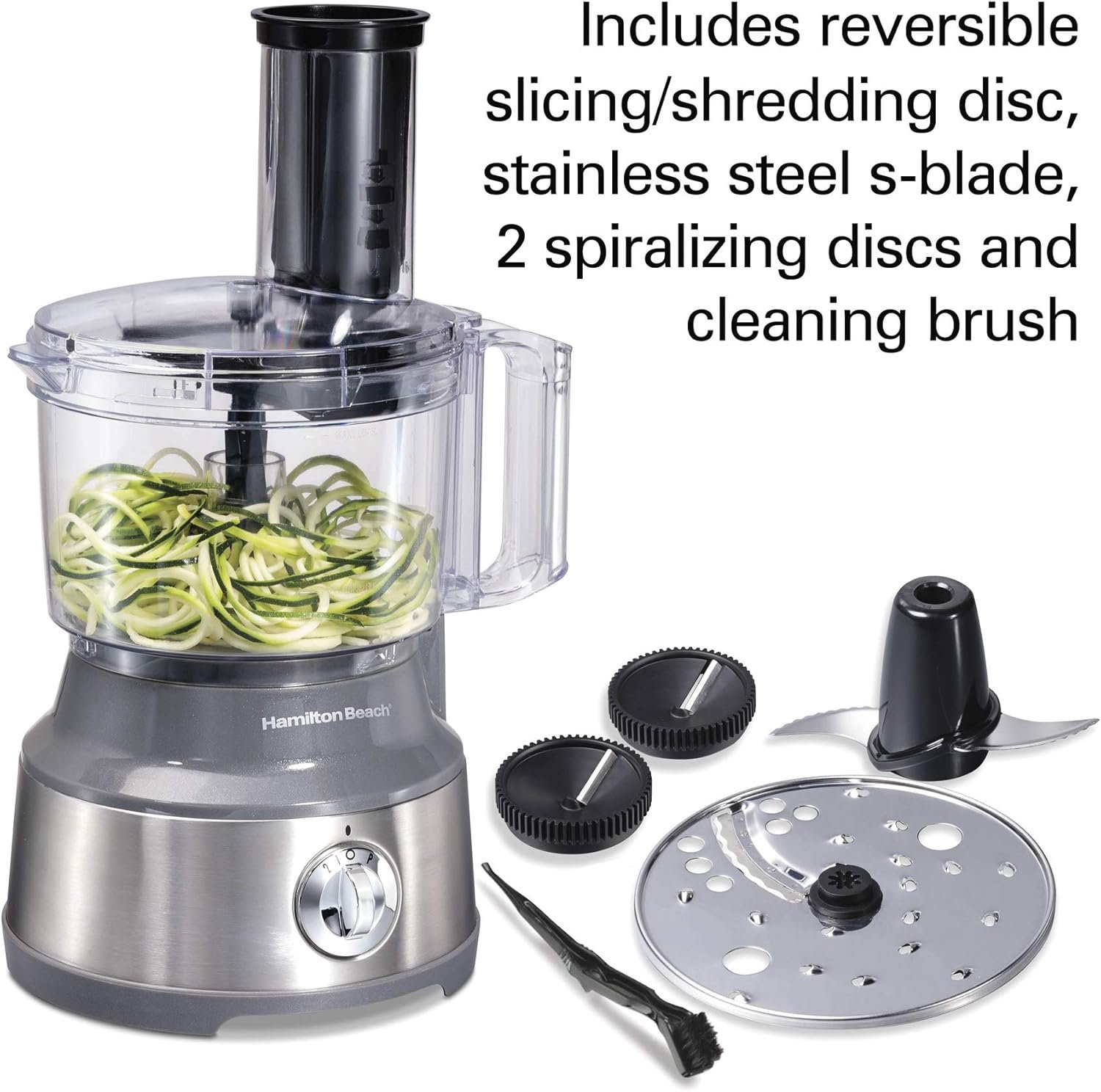 Hamilton Beach Food Processor & Vegetable Chopper for Slicing, Shredding, Mincing, and Puree, 10 Cups + Veggie Spiralizer makes Zoodles and Ribbons, Grey and Stainless Steel (70735) - Image 2