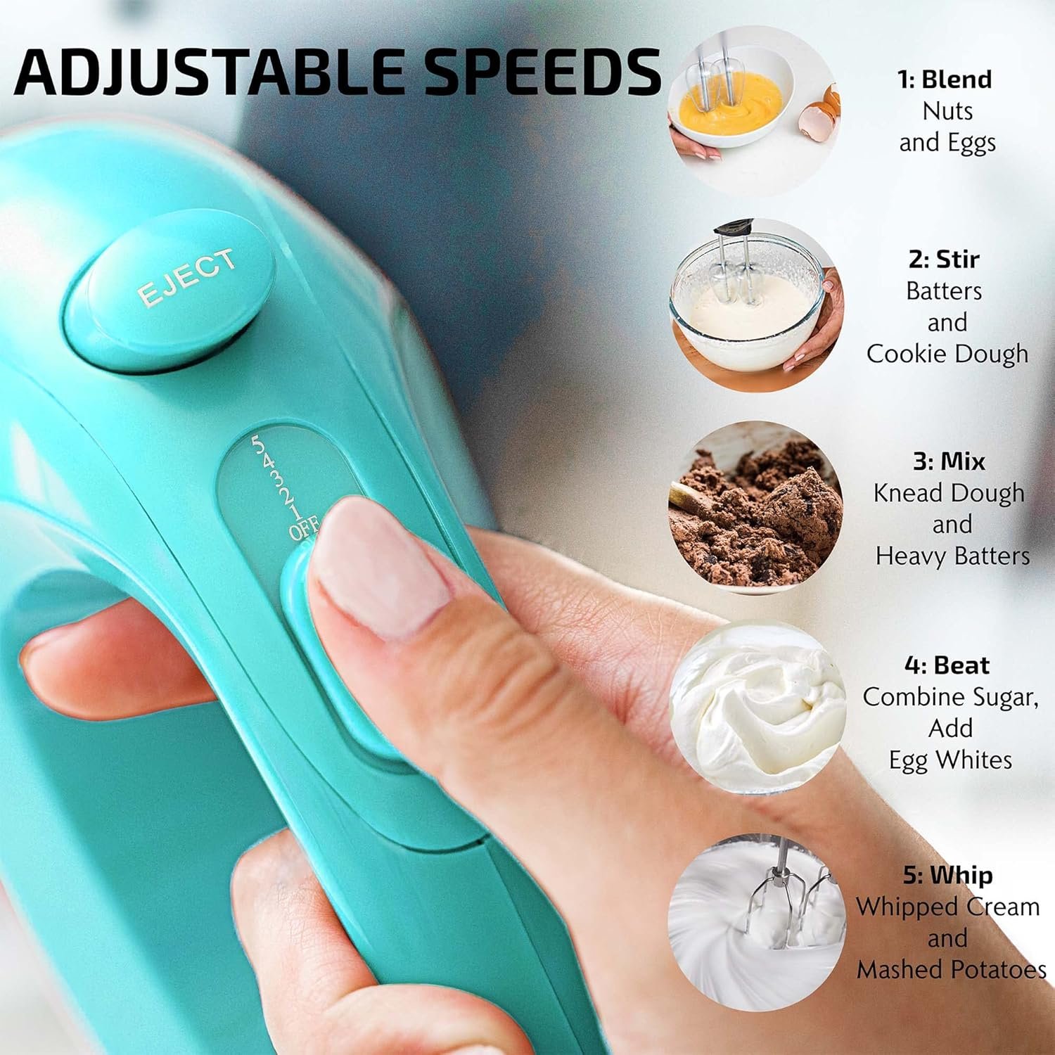 OVENTE 5-Speed Electric Hand Mixer with Stainless Steel Mixing Whisk, Snap-On Storage Case, Portable & Lightweight 150W Motor, Compact Handheld Mixer for Baking, Blending or Cooking, Turquoise HM151T - Image 3