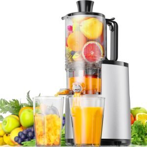 Cold Press Juicer, EUHOMY 5.5″ Extra Large Feed Chute Slow Masticating Juicer, 250W Juicer Machines, 99.6% High Juice Yield, Easy to clean, Reverse Function, for Whole Vegetables & Fruits. Sliver
