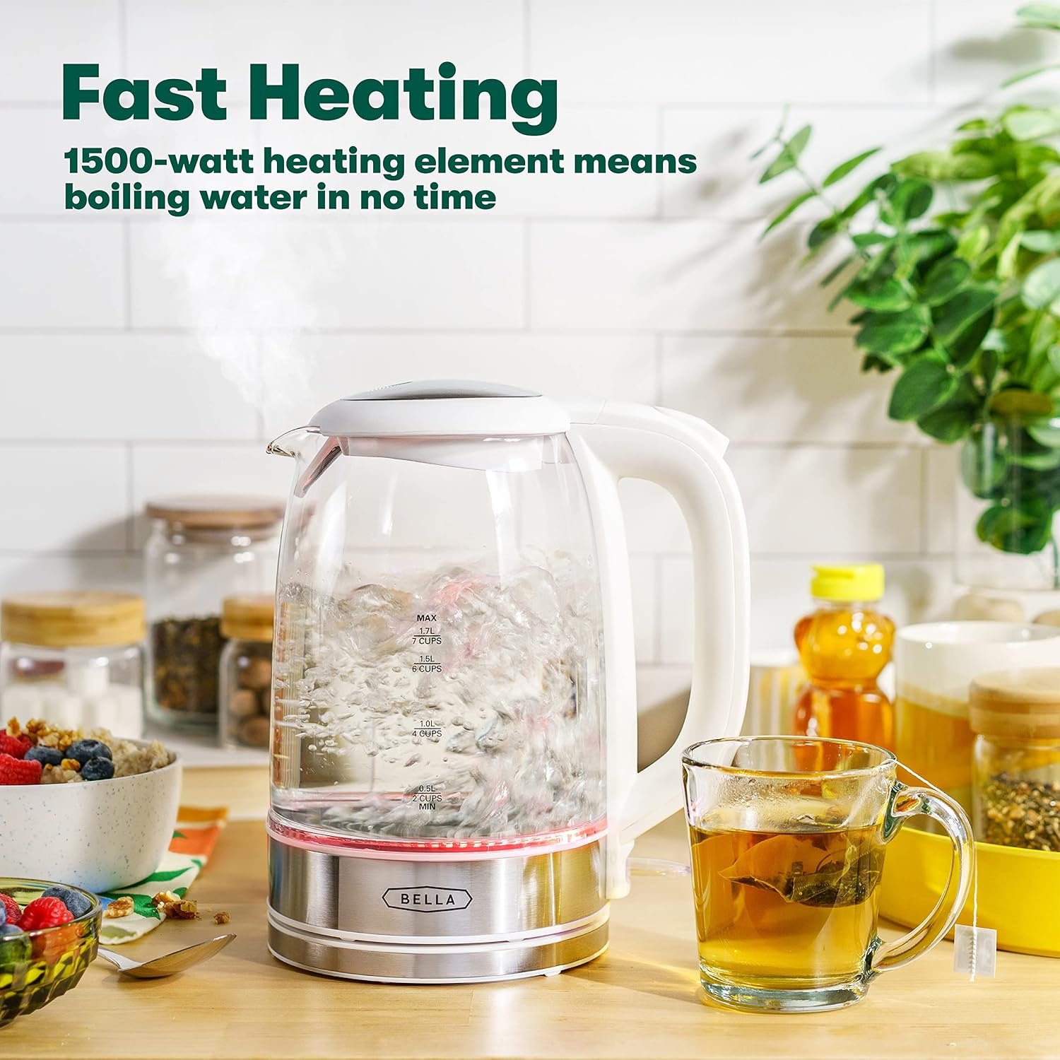 bella Electric Kettle and Water Boiler, 1.7L - Cordless Clear Glass LED Color Changing Portable Tea Pot with Auto Shut Off & Boil Dry Protection, White - Image 3