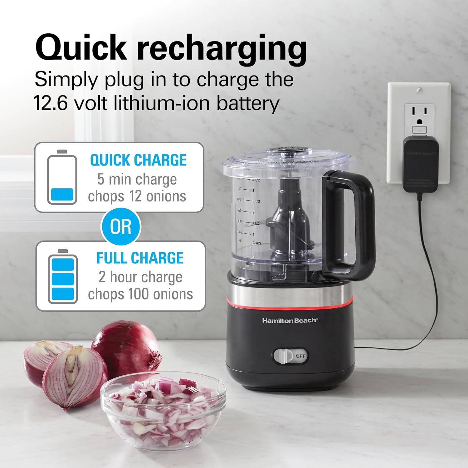 Hamilton Beach Powerful Cordless Mini Food Processor and Vegetable Chopper, 4 Cup Capacity, Fast Recharging, Includes Power Adapter, Chop, Puree, Emulsify, Grind, Dishwasher Safe Bowl, Black (72880) - Image 5