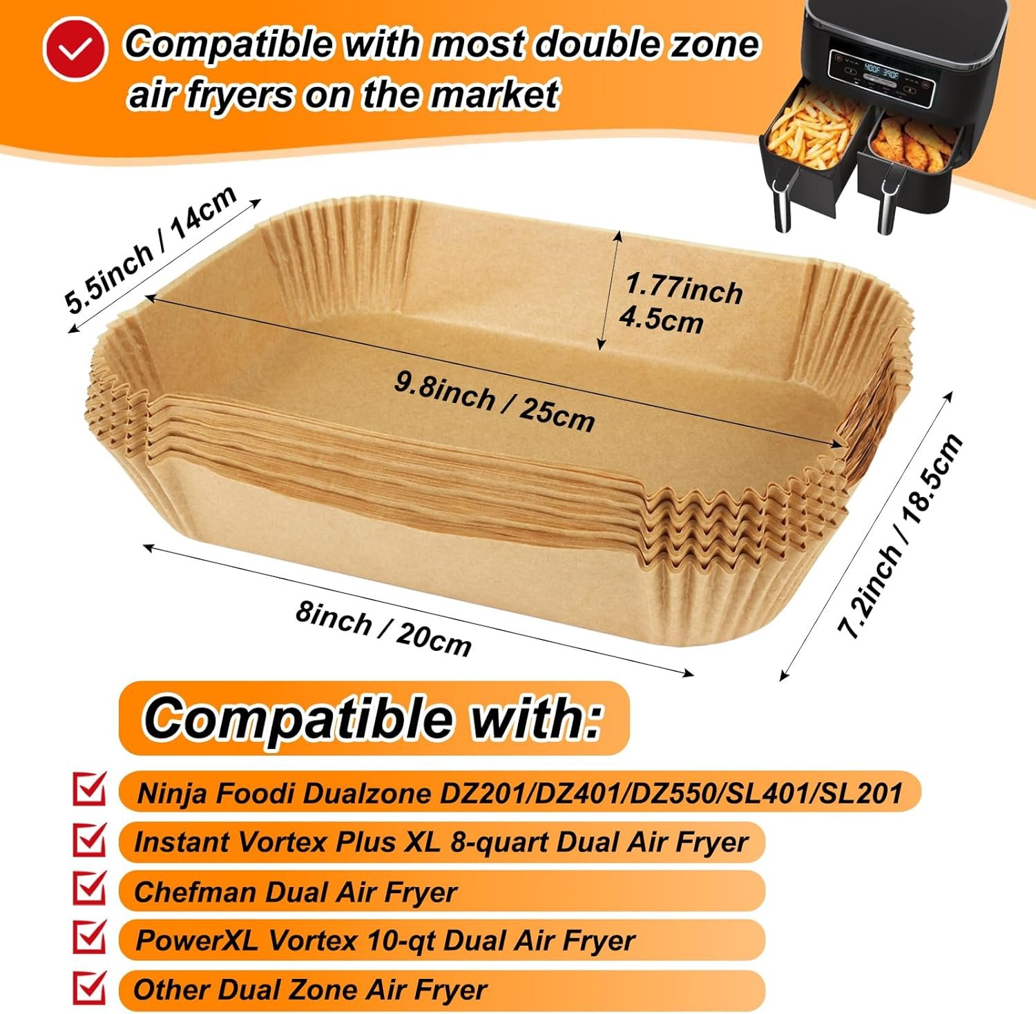 BYKITCHEN Air Fryer Disposable Paper Liners for Ninja Dual Airfryer, 100PCS Rectangle Air Fryer Parchment Paper Sheets for Ninja DZ201/DZ401/DZ550/SL401 & More, Ninja Airfryer Double Stack Accessories - Image 3