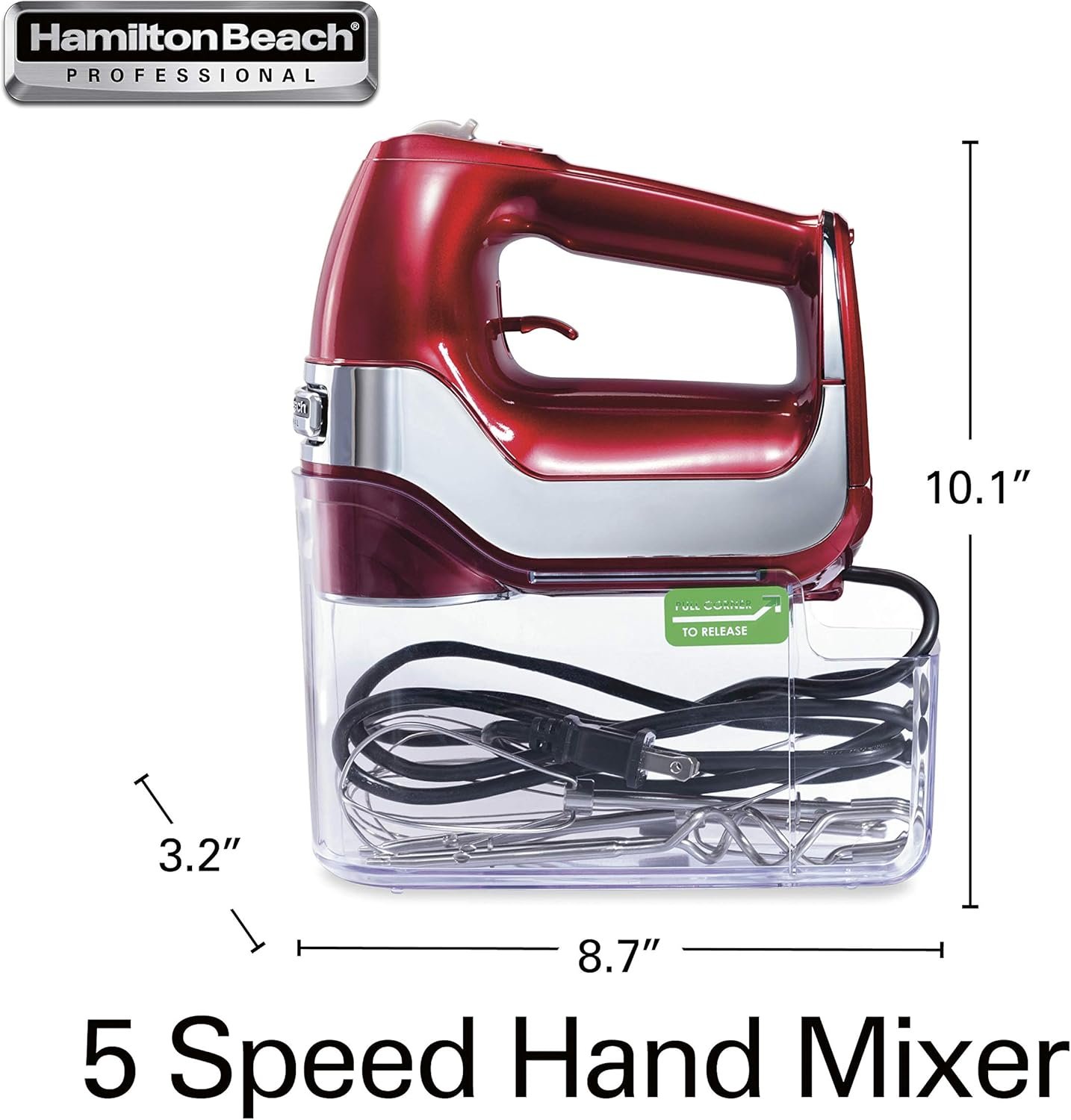 Hamilton Beach Professional 5-Speed Electric Hand Mixer with High-Performance DC Motor, Slow Start, Snap-On Storage Case, Stainless Steel Beaters, Dough Hooks & Whisk, Red and Chrome (62653) - Image 8