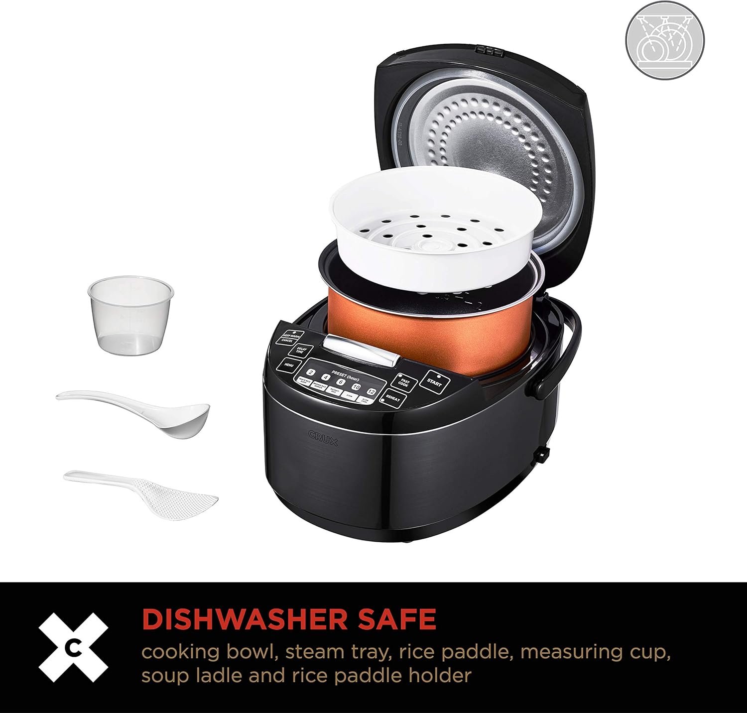 Crux 12 Cup Non-Induction Rice Cooker, Multi-Cooker, Food Steamer, Slow Cooker, Stewpot, Easy One-Pot Healthy Meals, Dishwater Safe, Non-Stick Bowl, Black, one size - Image 8