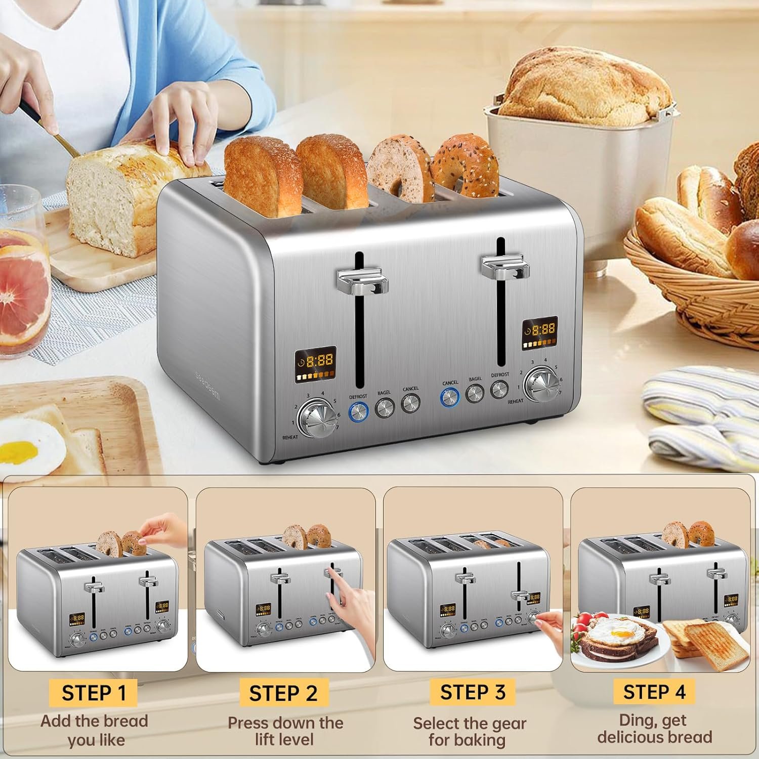 SEEDEEM 4 Slice Stainless Toaster - Color LCD Display, 7 Shade Settings, 1.5'' Wide Slots with Bagel/Defrost/Reheat Functions, Removable Crumb Tray, Silver Metallic, 1800W - Image 5