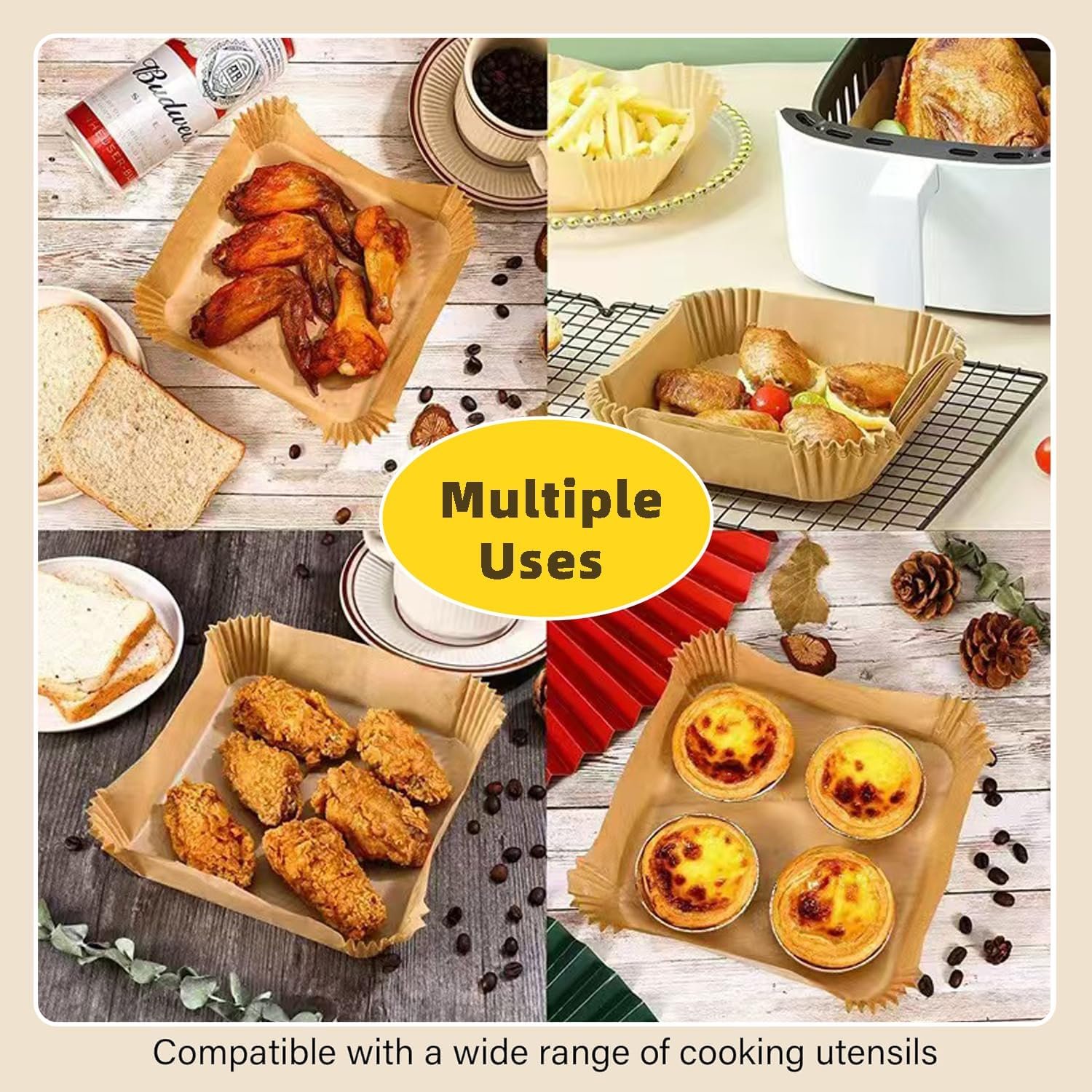 Square Air Fryer Disposable Paper Liner - 8 Inches 100 Pcs Square Shaped, Oil & Water Resistant Parchment Paper Liners, Fit for 5-8 QT Air Fryer, Microwave, Non-Stick Basket and Pans - Image 4