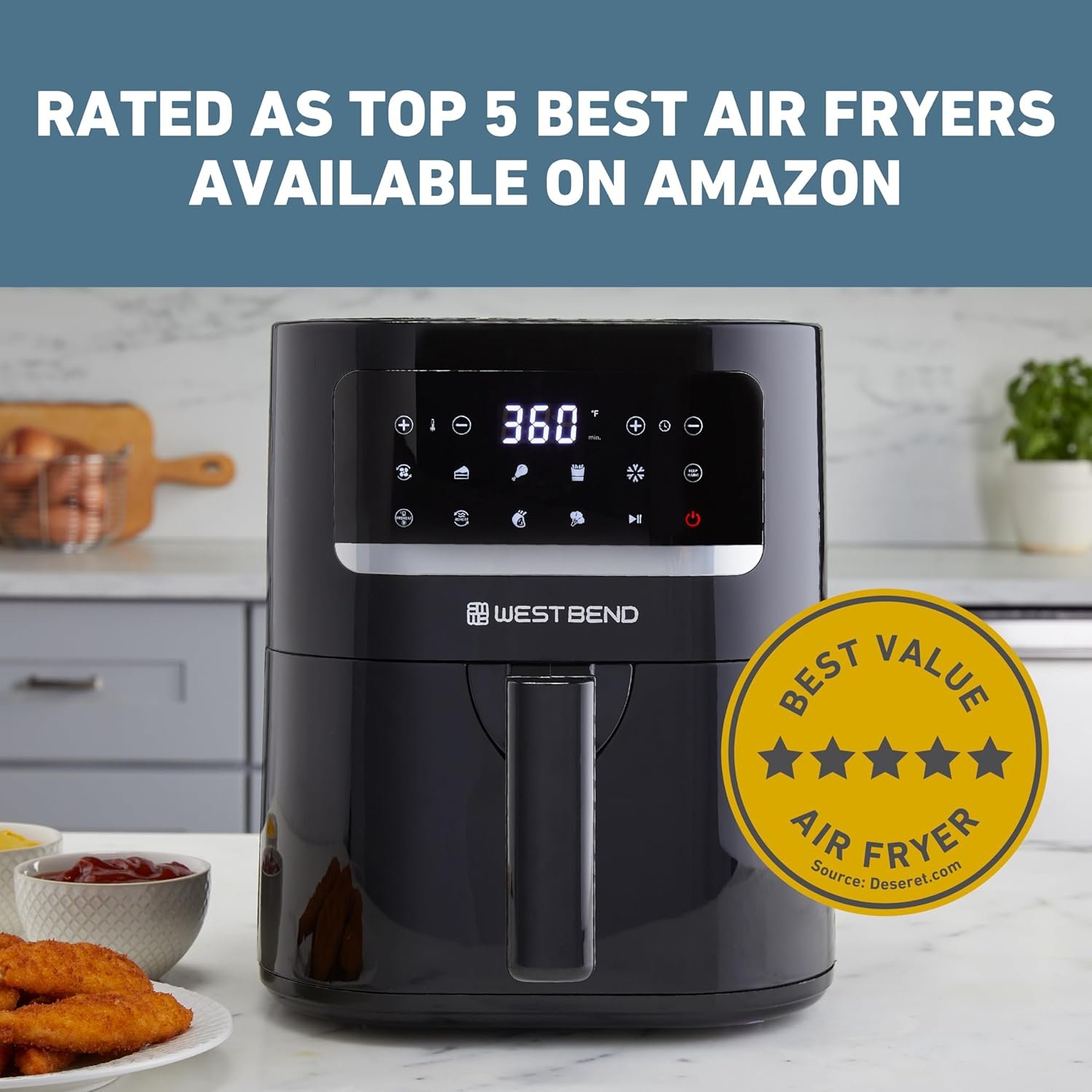 West Bend Compact Air Fryer 5-Quart Capacity with Digital Controls LCD Display and 10 Cooking Presets with Shake Reminder, Nonstick Frying Basket, 1500-Watts, Black - Image 3