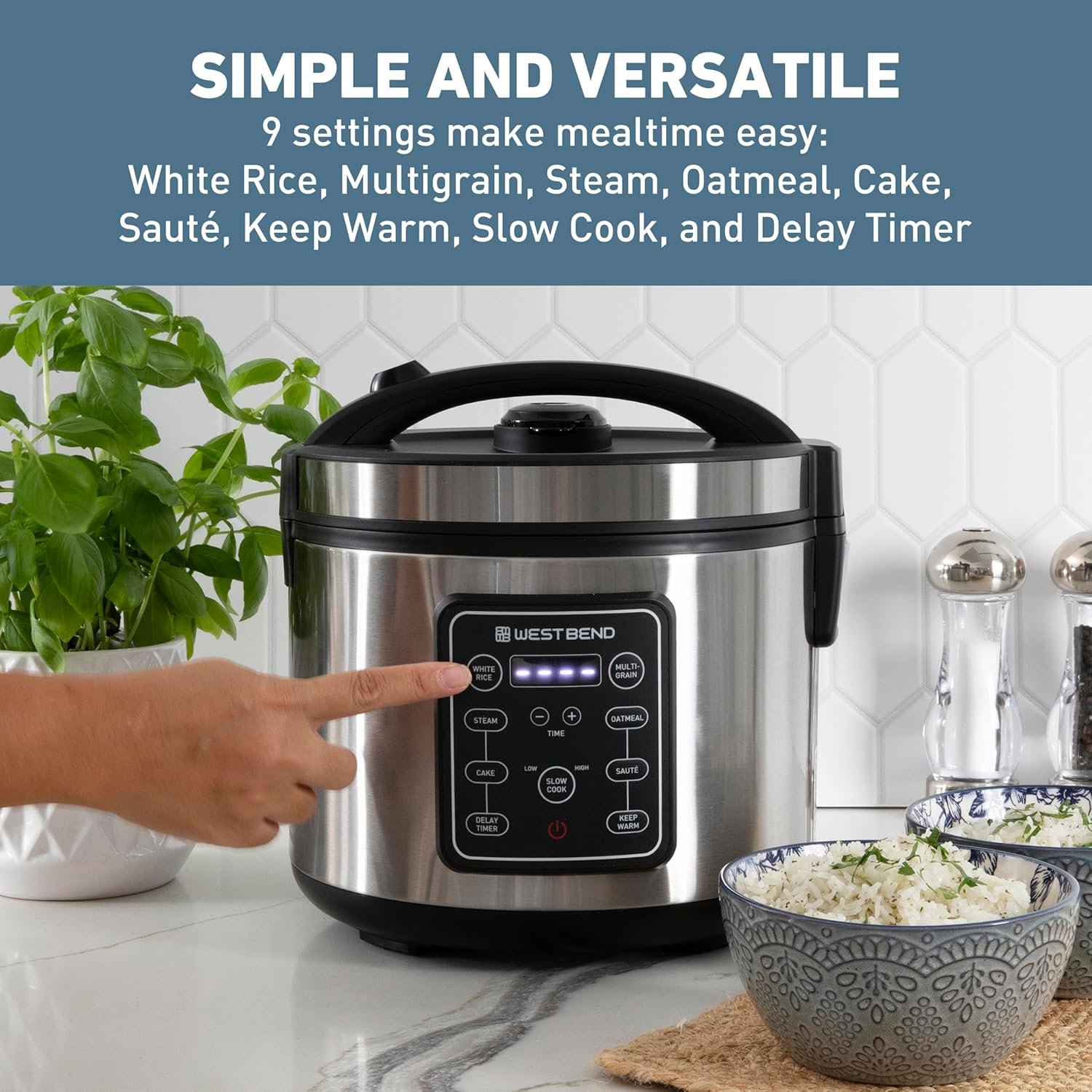 West Bend Rice & Grain Multi Cooker Programmable with 9 Preset Functions, Features Delay Start and Keep Warm Functions and Steam Basket, 20 Cups Cooked, Stainless Steel - Image 3