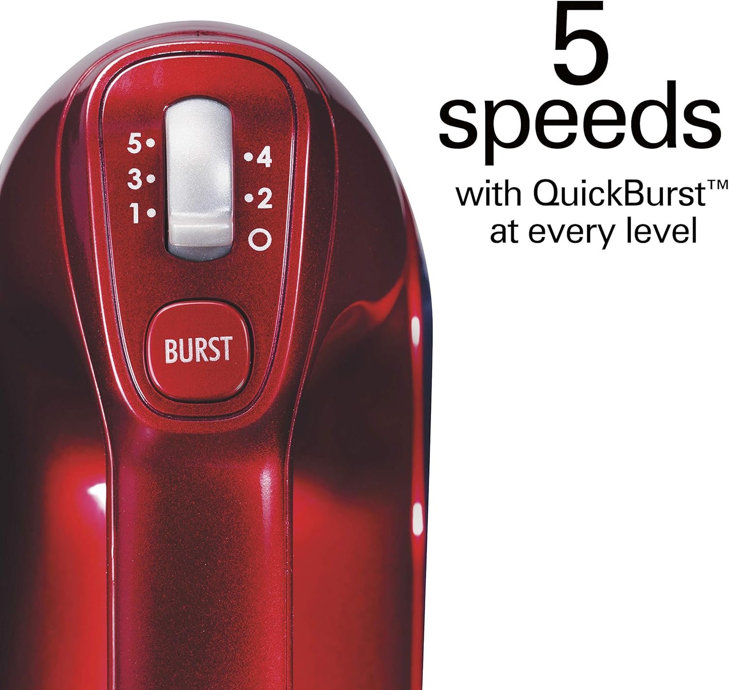 Hamilton Beach Professional 5-Speed Electric Hand Mixer with High-Performance DC Motor, Slow Start, Snap-On Storage Case, Stainless Steel Beaters, Dough Hooks & Whisk, Red and Chrome (62653) - Image 5