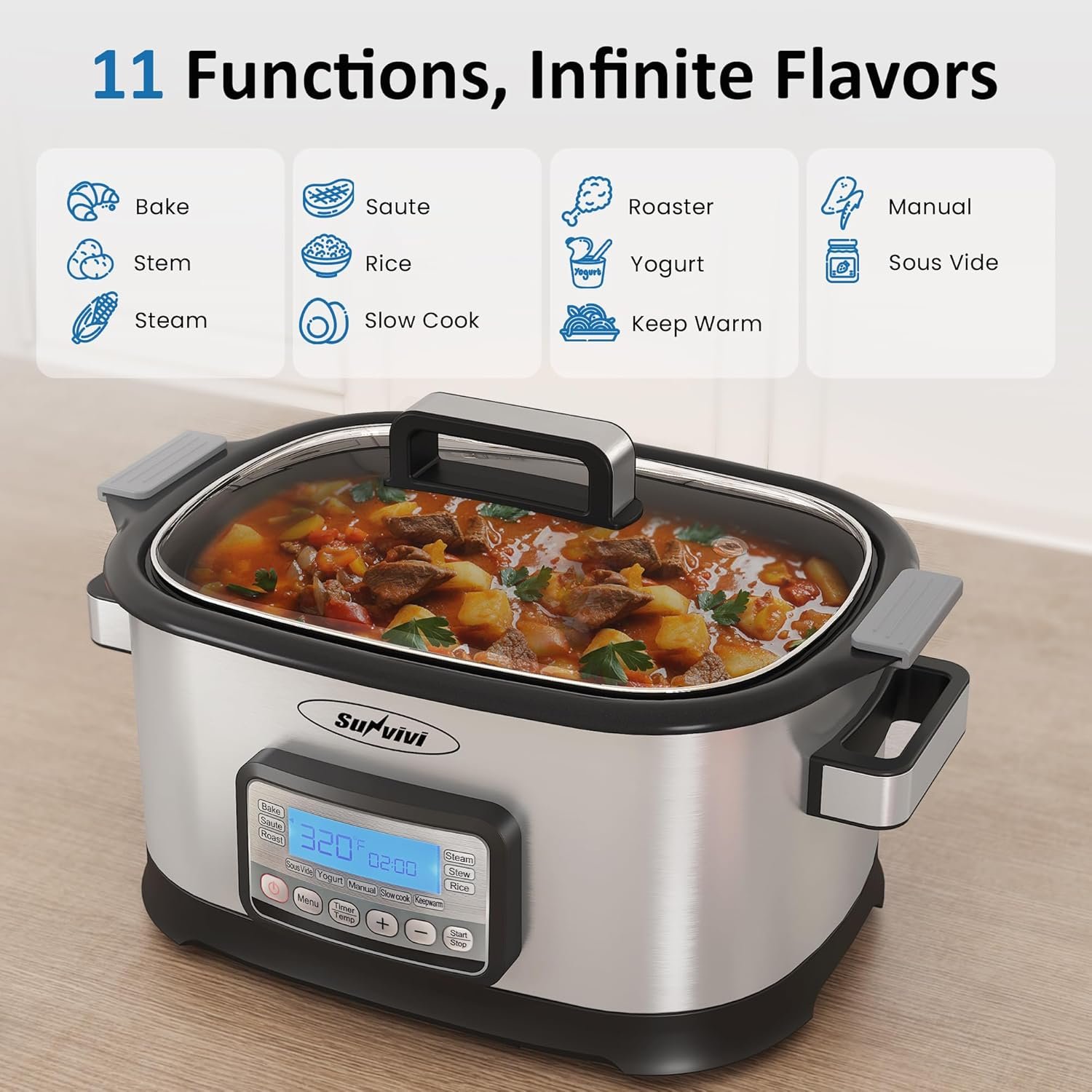 11-in-1 Multicooker, 6.5QT Slow Cooker Roaster Oven, Digital Programmable Multi Functional Pot with Timer, Temp Control, Delay Start, Glass Lid, Removable Nonstick Pot & Roast/Steam Rack - Image 5