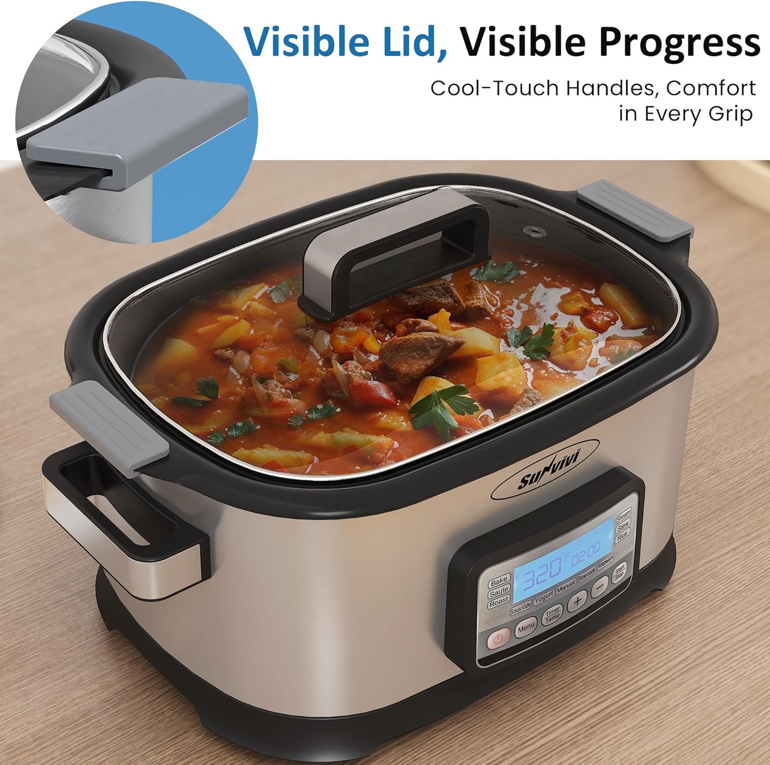 11-in-1 Multicooker, 6.5QT Slow Cooker Roaster Oven, Digital Programmable Multi Functional Pot with Timer, Temp Control, Delay Start, Glass Lid, Removable Nonstick Pot & Roast/Steam Rack - Image 8
