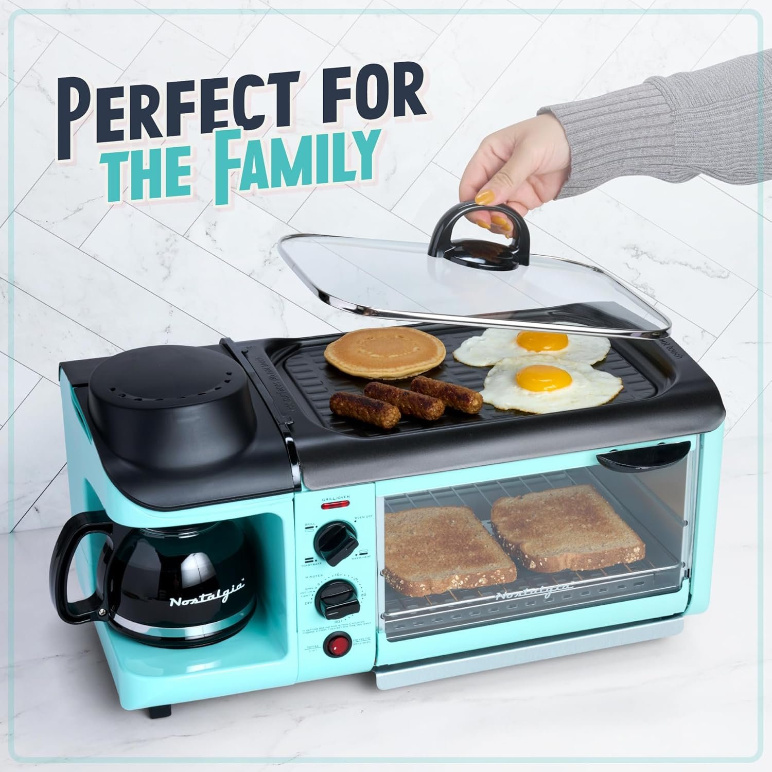 Nostalgia 3-in-1 Breakfast Station - Includes Coffee Maker, Non-Stick Griddle, and 4-Slice Toaster Oven - Versatile Breakfast Maker with Timer - Aqua - Image 7