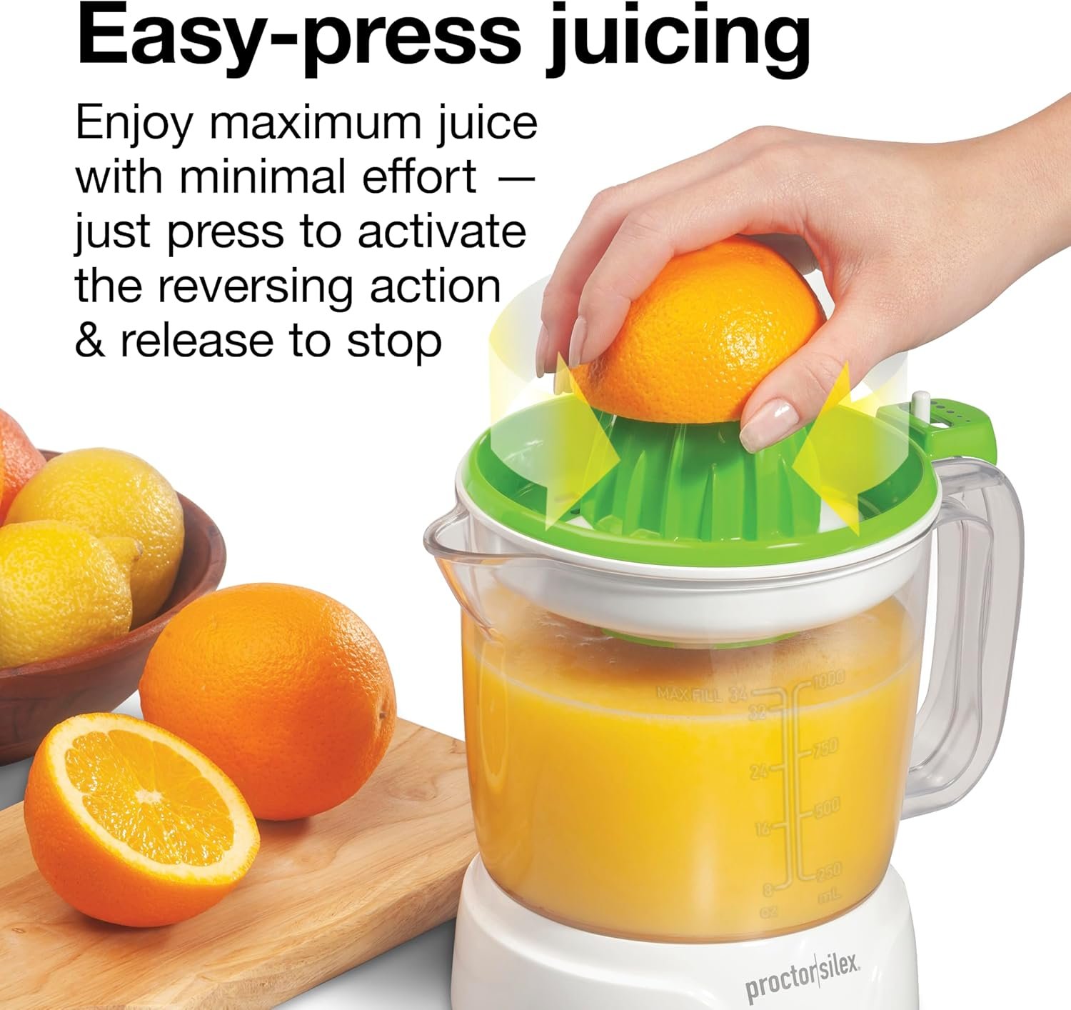 Proctor Silex Electric Citrus Juicer Machine, Large 34 oz. Pitcher, Pressure Activated, 2 Reamers for Big and Small Fruit, Pulp Control, for Orange, Lemon, Grapefruit Juice, White & Green (66340) - Image 3