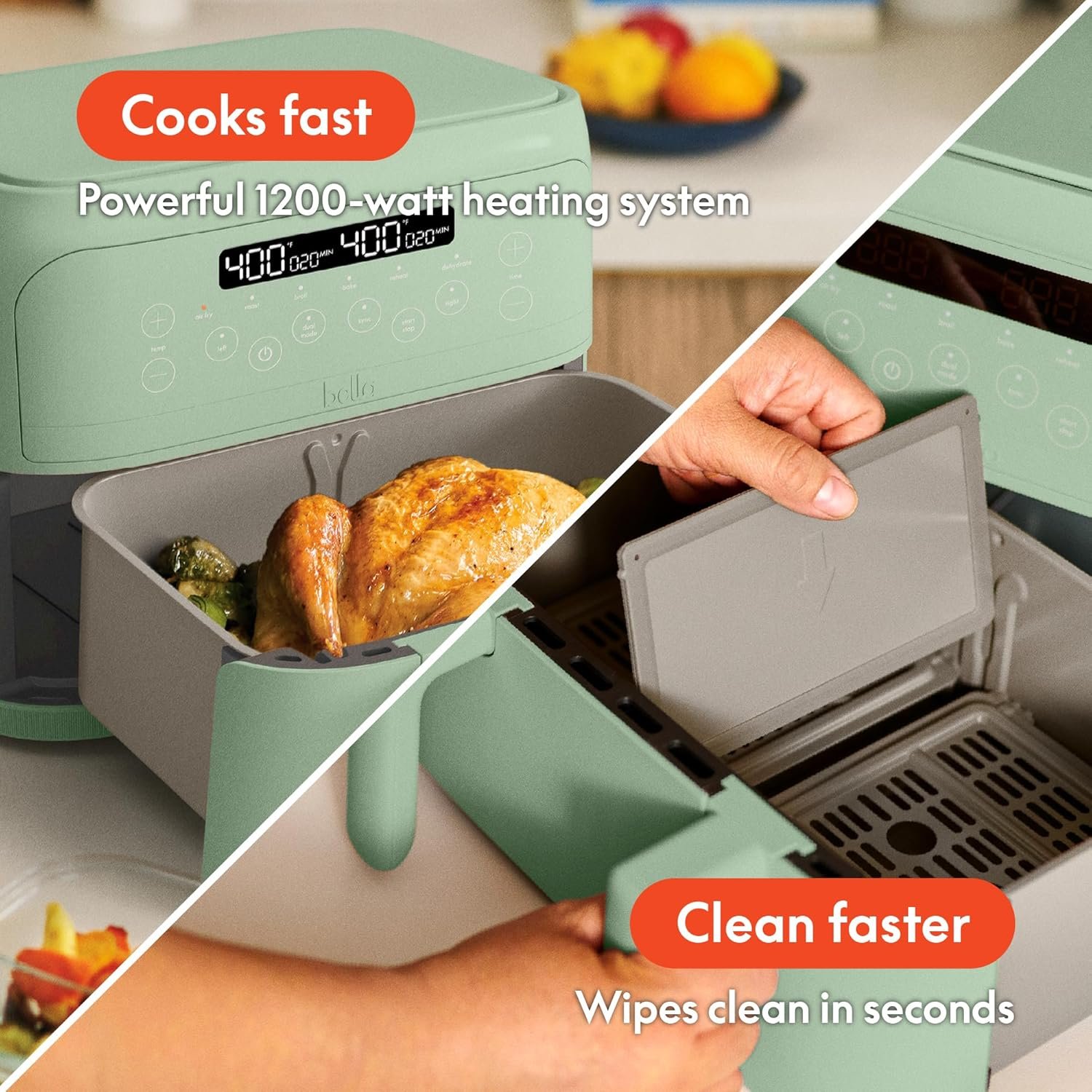 bella 4 Qt TriZone Air Fryer, EverGood™ Ceramic Nonstick Coating, Dual Basket Design w Removable Divider, Digital Touchscreen Control w 6 Preset Cooking Options, 1200 Watt, 3lb Capacity, Seaglass - Image 5