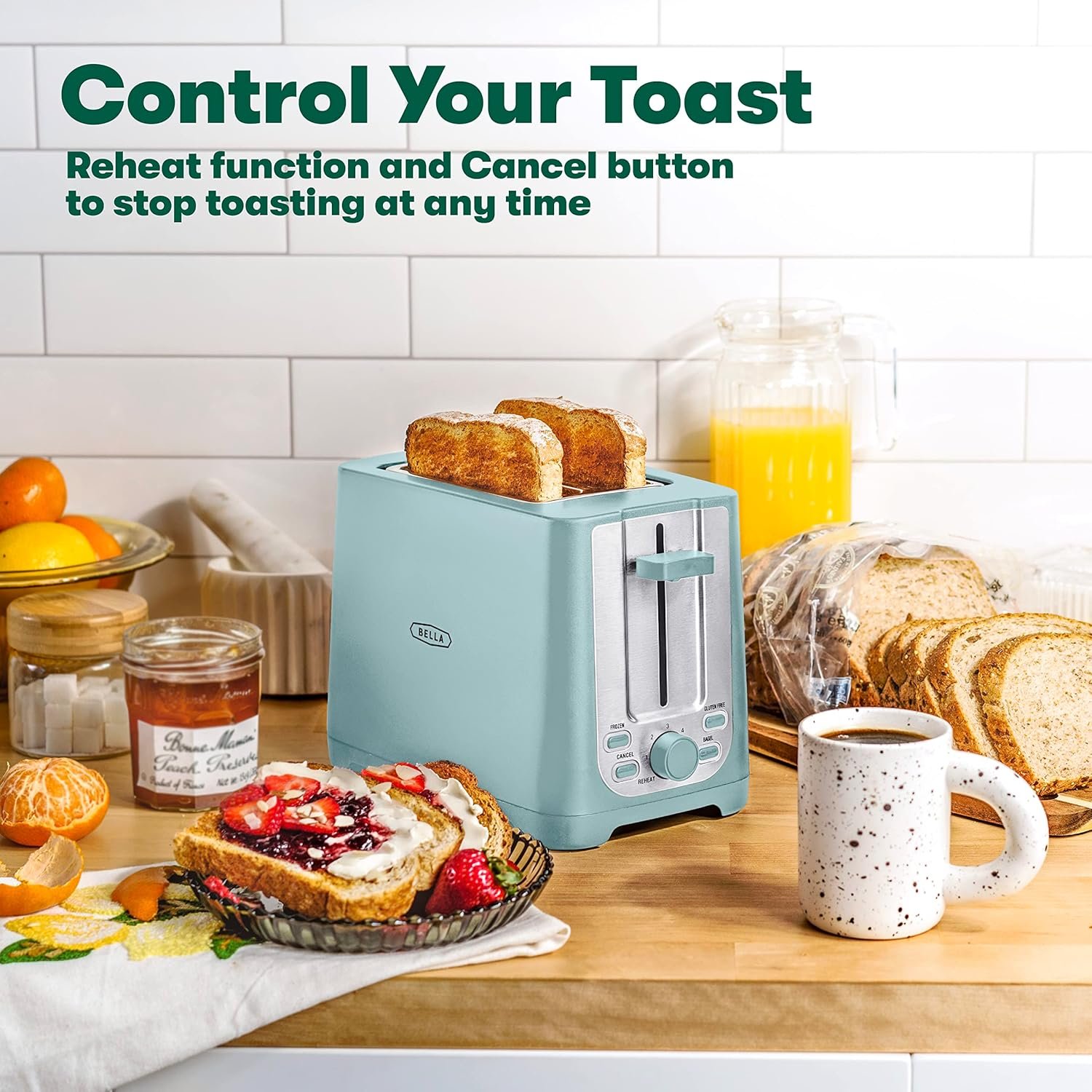 BELLA 2 Slice Toaster with Auto Shut Off - Extra Wide Slots & Removable Crumb Tray and Cancel, Defrost & Reheat Function - Toast Bread, Bagel & Waffle, Aqua - Image 3
