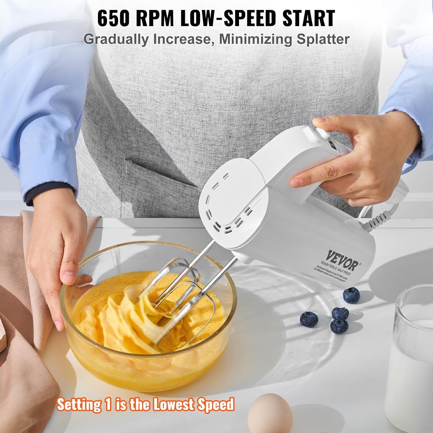 VEVOR Digital Electric Hand Mixer, 5-Speed, 200W Portable Electric Handheld Mixer, with Turbo Boost Beaters Dough Hooks Whisks Storage Bag, Baking Supplies for Whipping Mixing Egg Cookie Cake Cream - Image 5