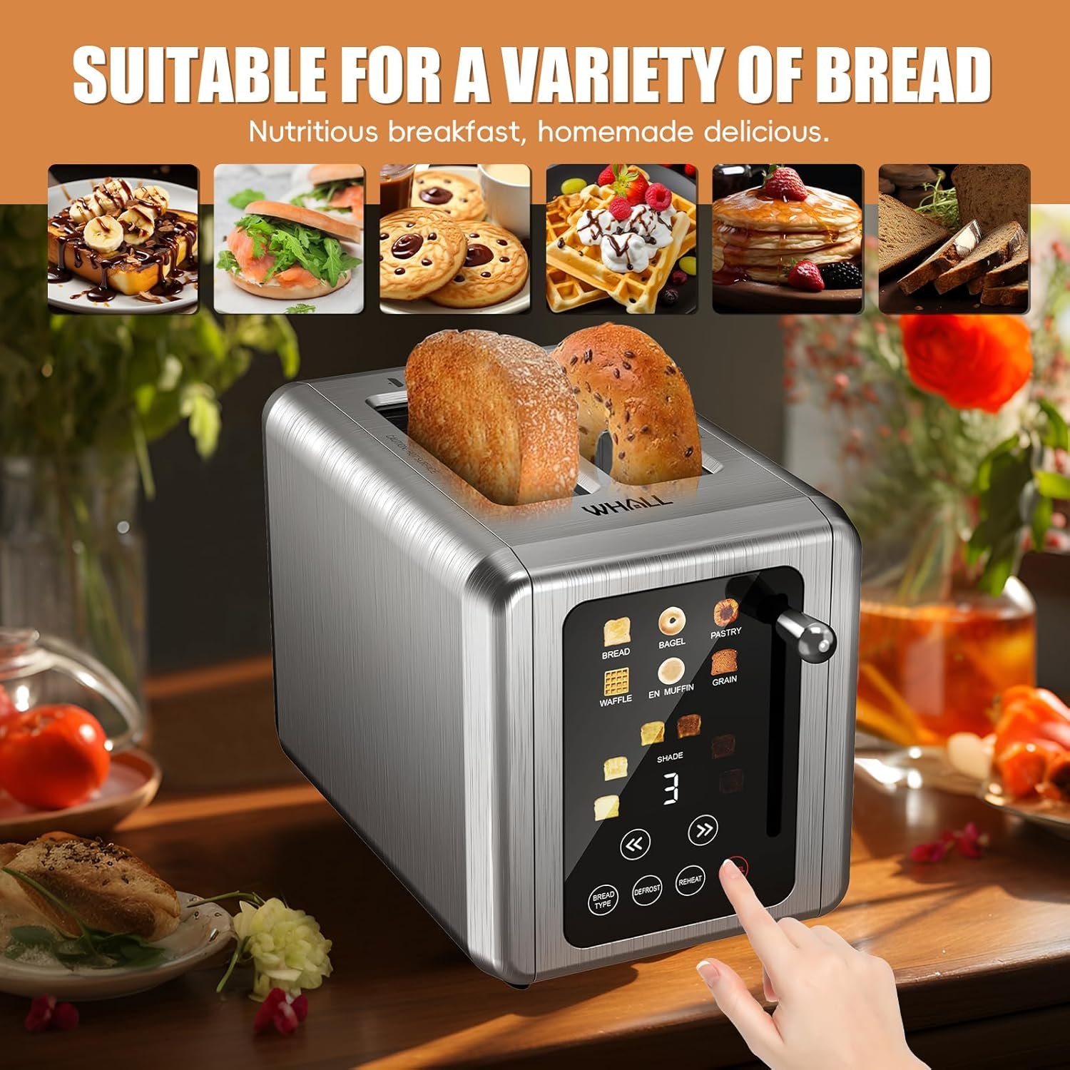 WHALL® Touch Screen Toaster 2 Slice, Stainless Steel Digital Timer Toaster, 6 Bread Types & 6 Shade Settings, Smart Extra Wide Slots Toasters With Bagel, Cancel, Defrost Functions - Image 5