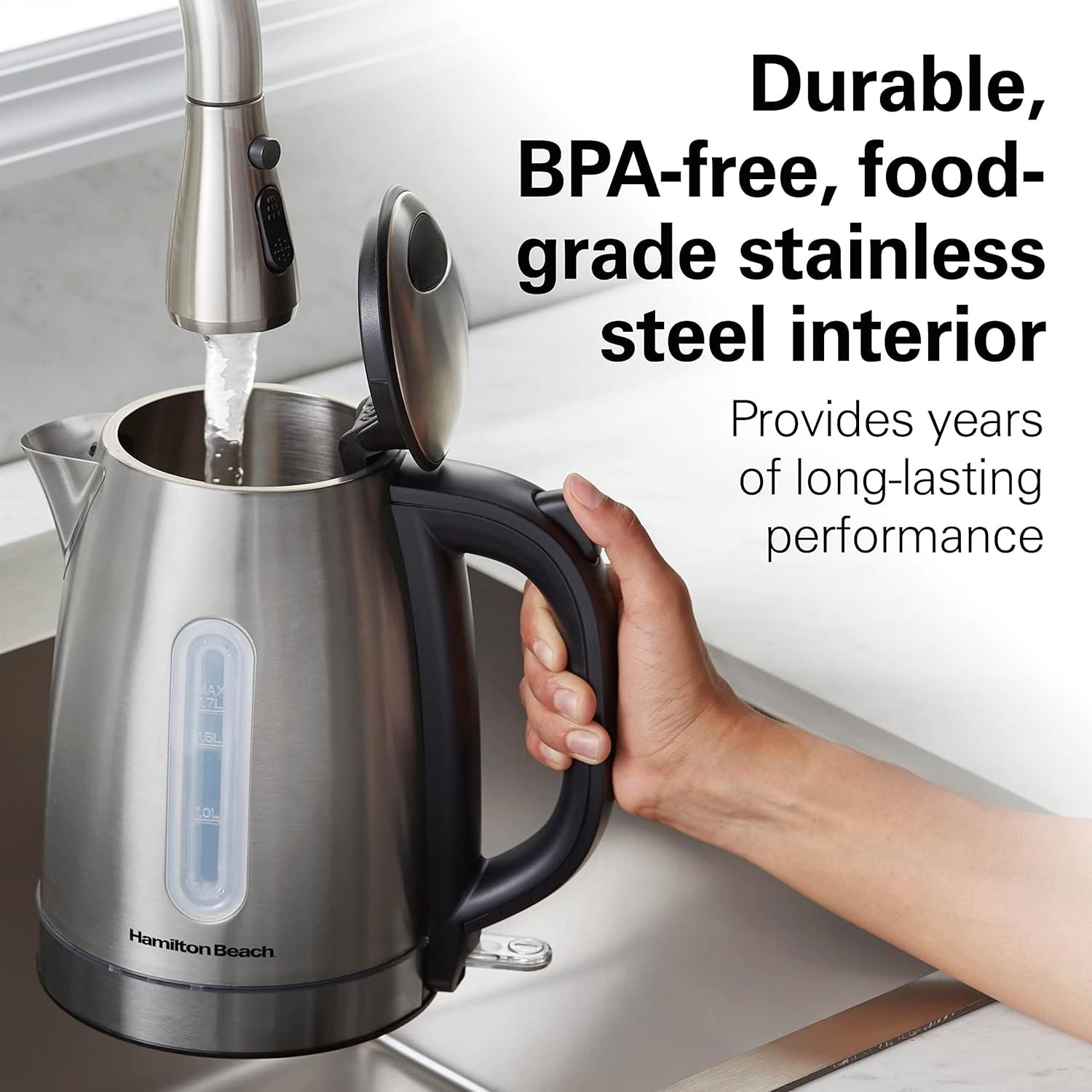 Hamilton Beach Electric Tea Kettle, Water Boiler & Heater, 1.7 Liter, Cordless Serving, 1500 Watts for Fast Boiling, Auto-Shutoff and Boil-Dry Protection, Stainless Steel with LED Light Ring (41037) - Image 4