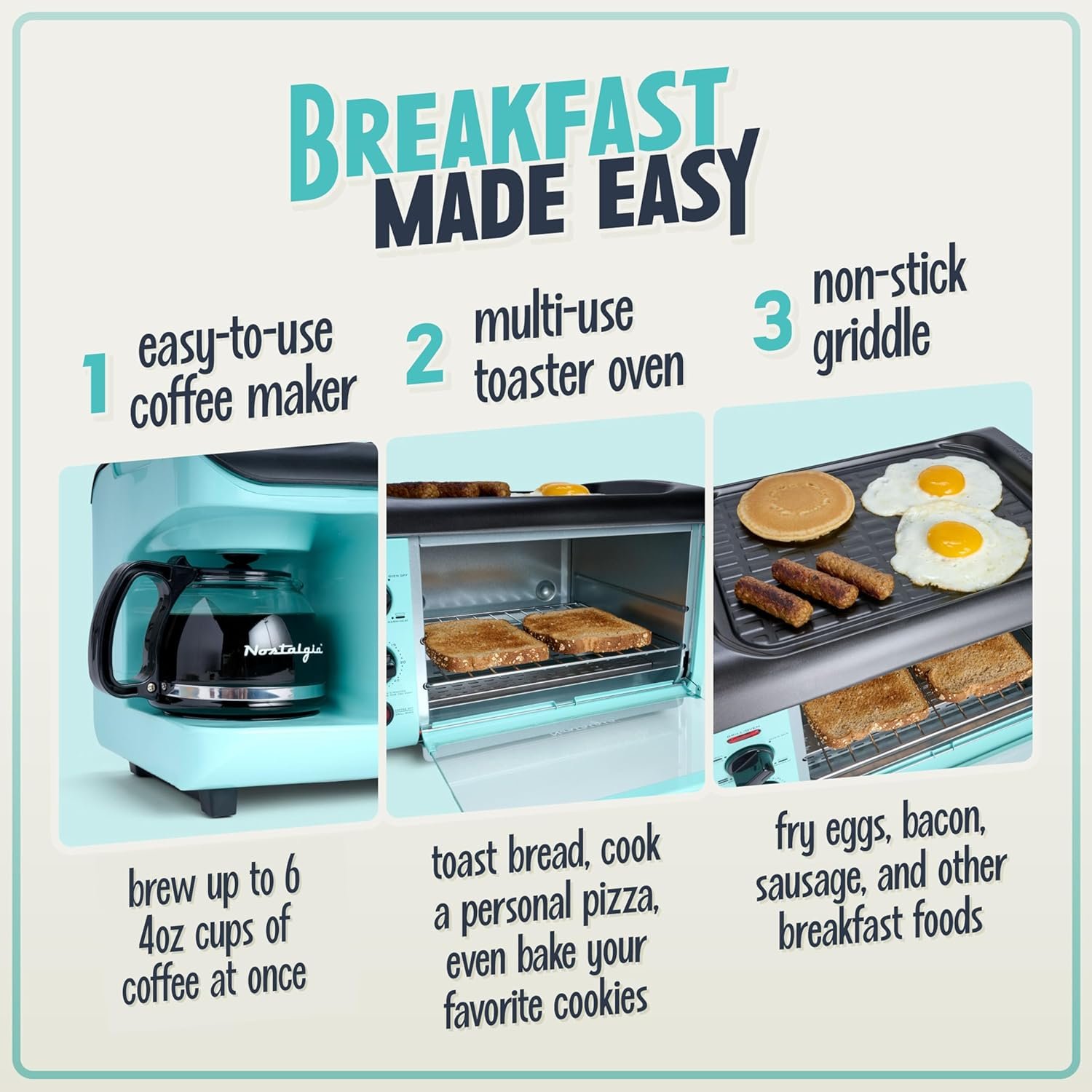 Nostalgia 3-in-1 Breakfast Station - Includes Coffee Maker, Non-Stick Griddle, and 4-Slice Toaster Oven - Versatile Breakfast Maker with Timer - Aqua - Image 3