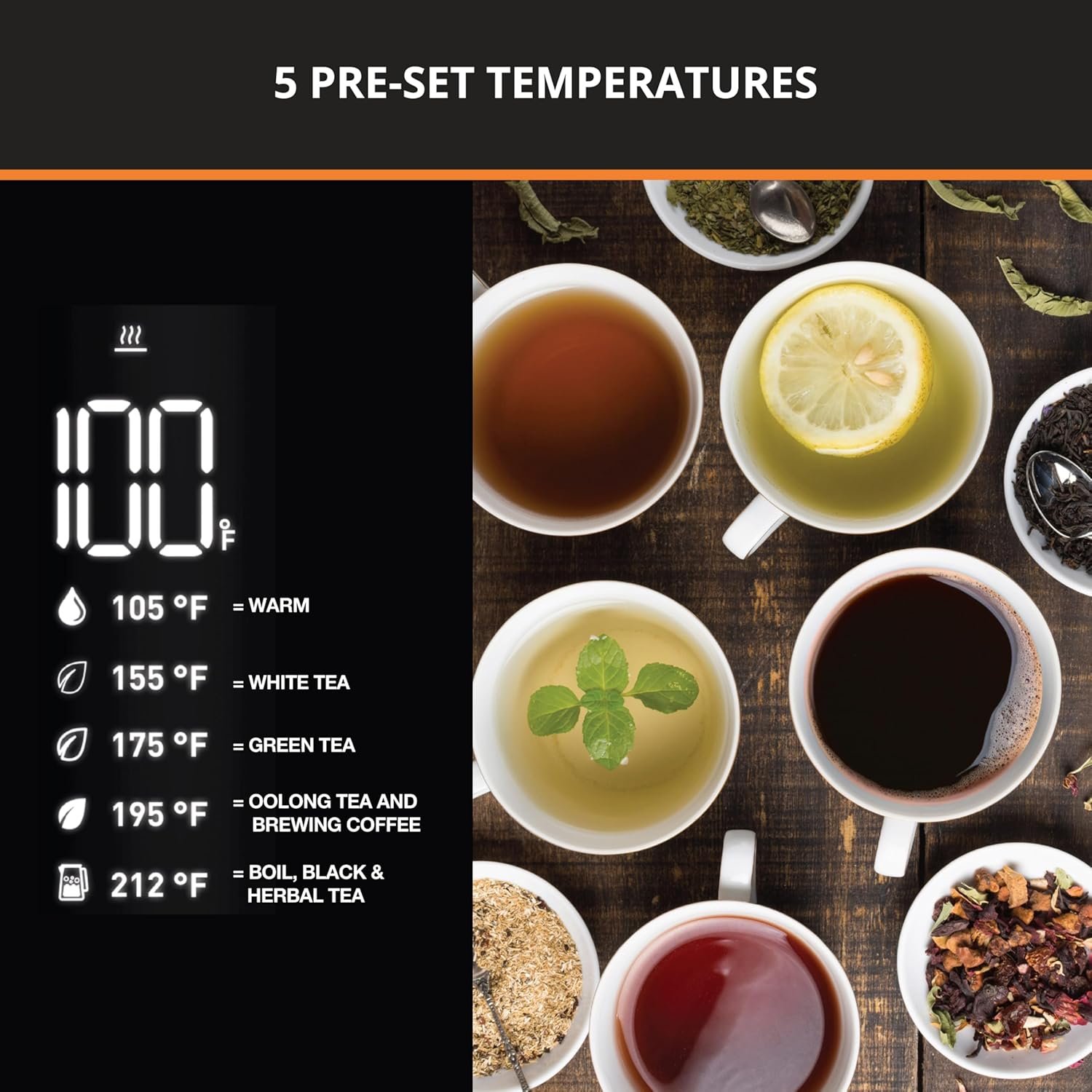 KRUPS Smart Temp Electric Kettle: 1.7L Capacity, 5 Precise Temperature Settings, Digital Display, Cool-Touch Exterior, Cordless Design for Tea and Coffee Lovers - Image 4