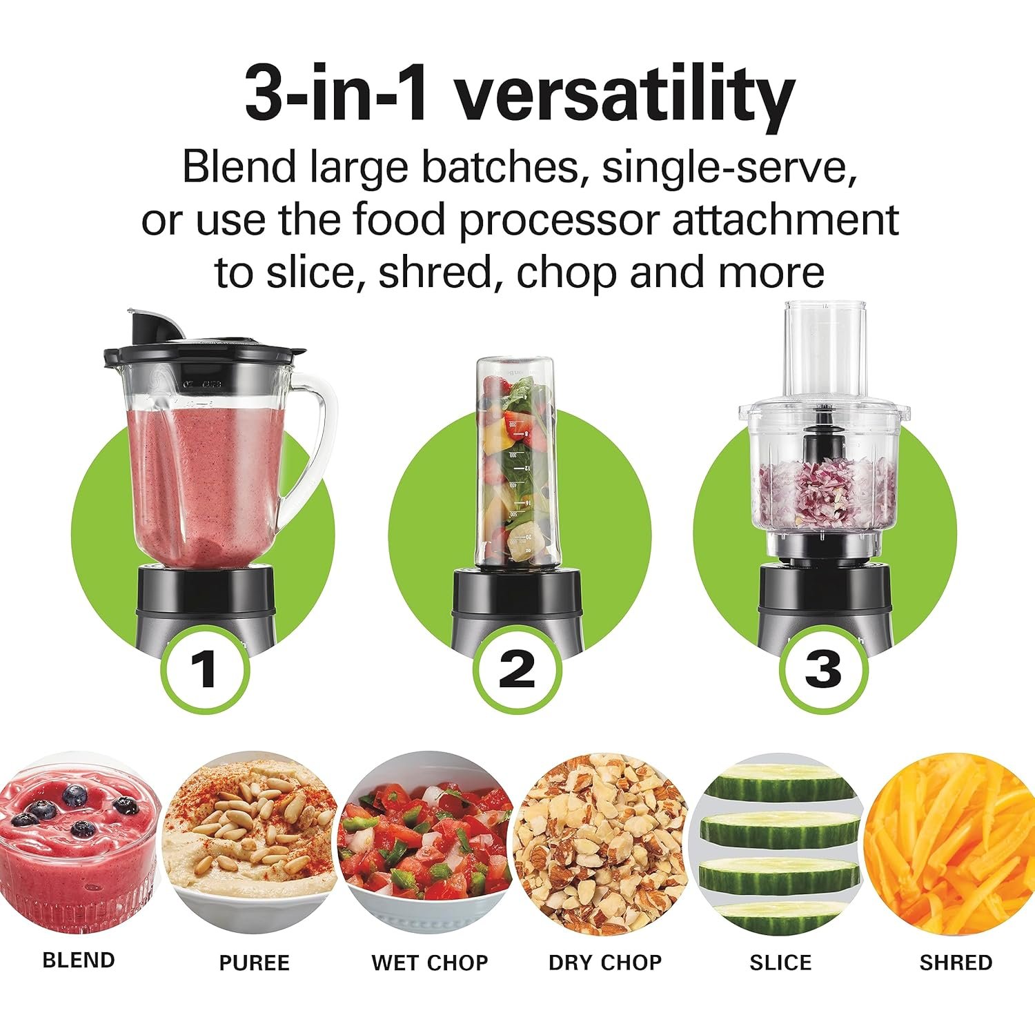 Hamilton Beach Blender and Food Processor Combo for Shakes & Smoothies, With 3 Cup Electric Food Chopper Attachment, 40 oz Glass Jar, Blender Travel Cup, 700 Watts Peak Power, Gray & Black (58163) - Image 2