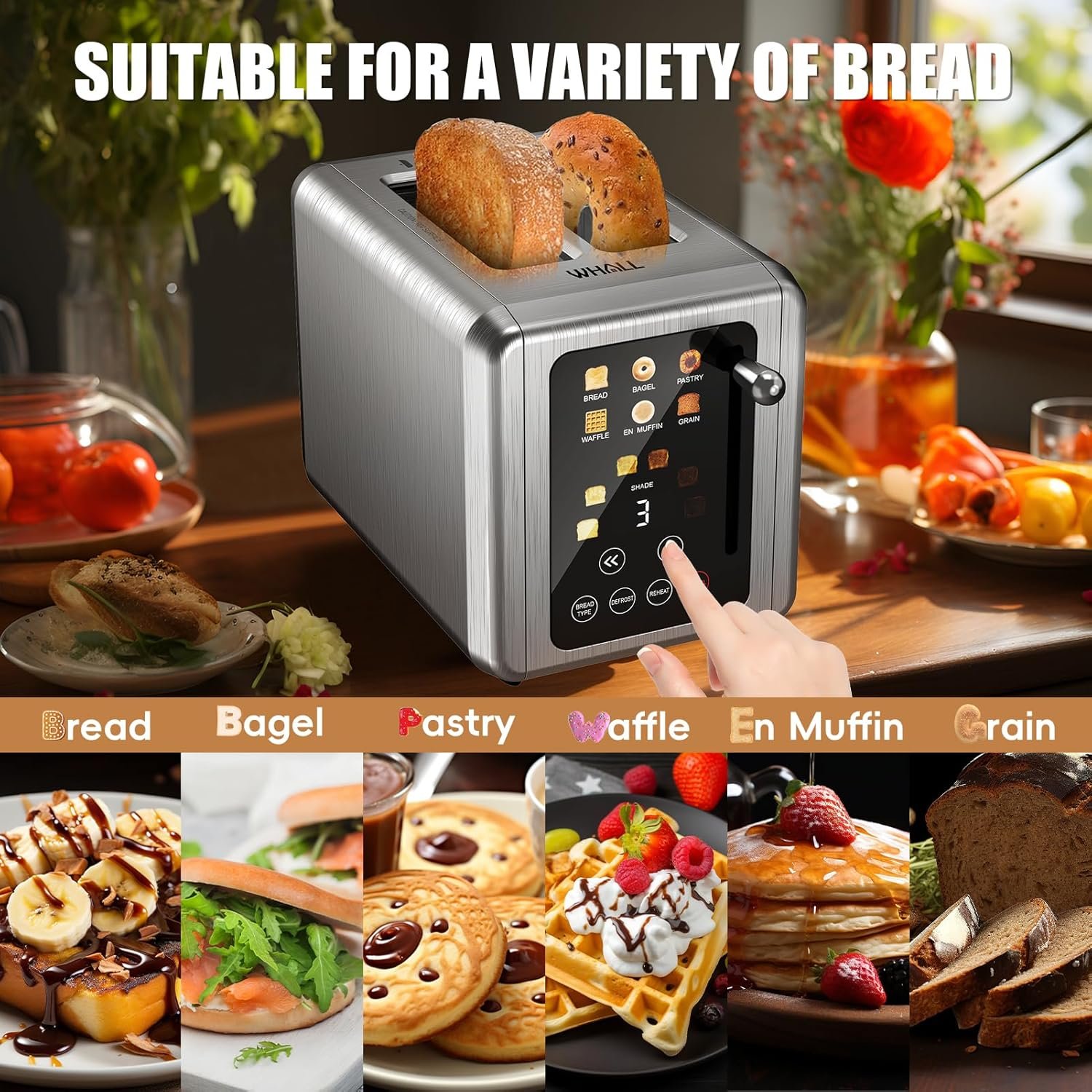 WHALL® Touch Screen Toaster 2 Slice, Stainless Steel Digital Timer Toaster, 6 Bread Types & 6 Shade Settings, Smart Extra Wide Slots Toasters With Bagel, Cancel, Defrost Functions - Image 4