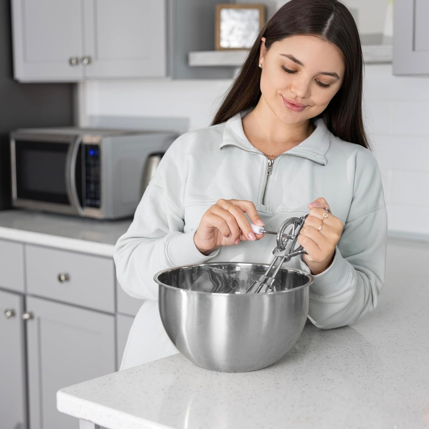 Fox Run Stainless Steel Manual Hand Mixer, White Retro Style Egg Beater, 10" x 5" - Image 3