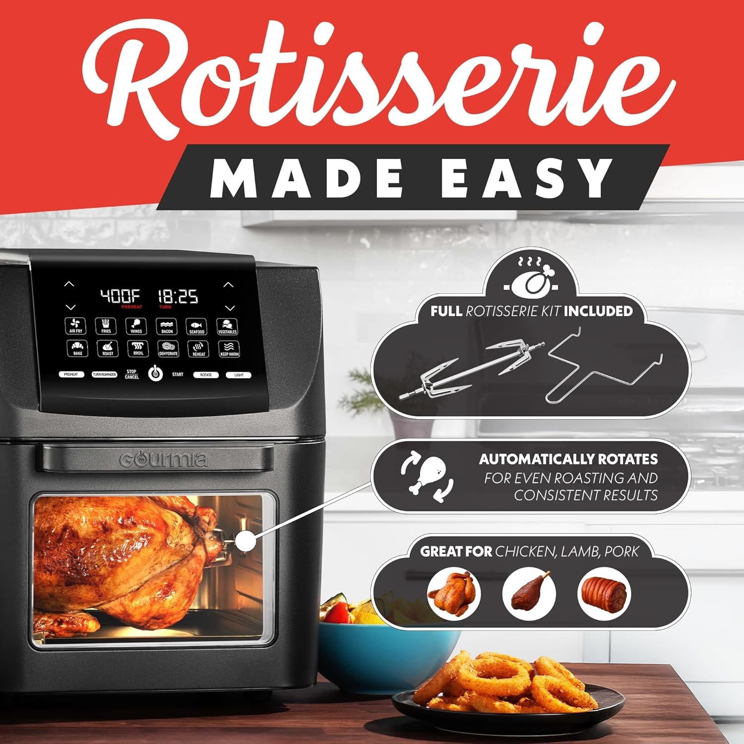 Gourmia Air Fryer Toaster Oven Combo - All-in-One 14-Quart Digital Air Fryer Toaster Oven with Rotisserie & Dehydrator – 12 Presets, Guided Cooking Prompts, 1750W, Dishwasher-Safe Accessories - Image 4