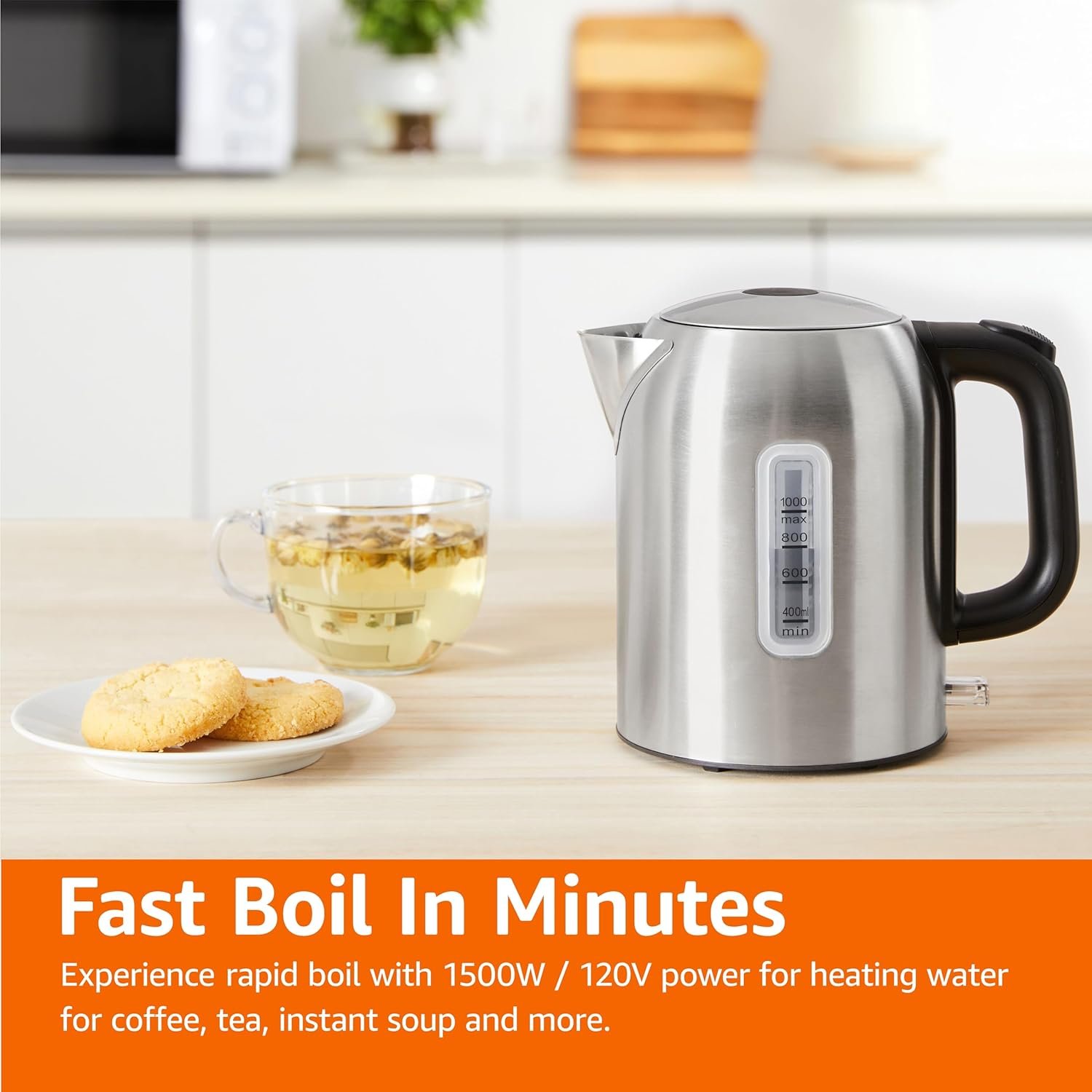 Amazon Basics 1.1Qt (1L) Electric Kettle, Tea Kettle & Water Boiler, with Auto Shut-Off, Boil Dry Protection, High-Safety Strix Thermostat, BPA-Free, 1500W, Stainless Steel, New Model, Black & Silver - Image 7