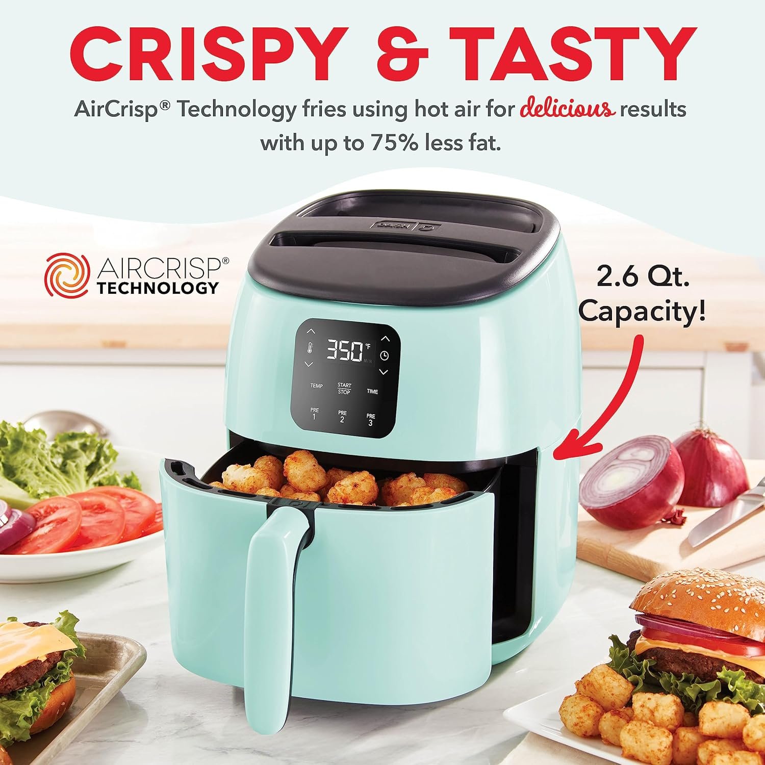 DASH Tasti-Crisp™ Electric Air Fryer Oven, 2.6 Qt., Aqua – Compact Air Fryer for Healthier Food in Minutes, Ideal for Small Spaces - Auto Shut Off, Digital, 1000-Watt - Image 2