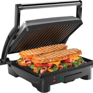 Chefman Panini Press Grill and Gourmet Sandwich Maker Non-Stick Coated Plates, Opens 180 Degrees to Fit Any Type or Size of Food, Stainless Steel Surface and Removable Drip Tray, 4 Slice, Black