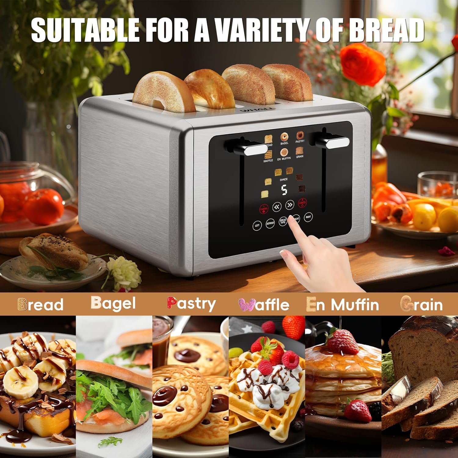 whall 4 Slice Touch Screen Toaster, Stainless Steel Toasters Digital Timer, Dual Control Panel Toasters,6 Shade Settings&6 Bread Types, Smart Wide Slots, Bagel, Cancel, Defrost,Flat Lever Silver - Image 4