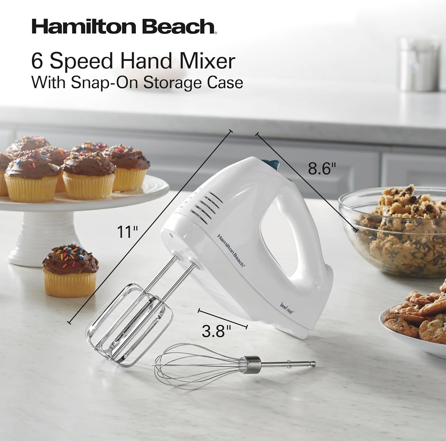 Hamilton Beach 6-Speed Electric Hand Mixer with Whisk, Traditional Beaters, Snap-On Storage Case, 250 Watts, White - Image 9