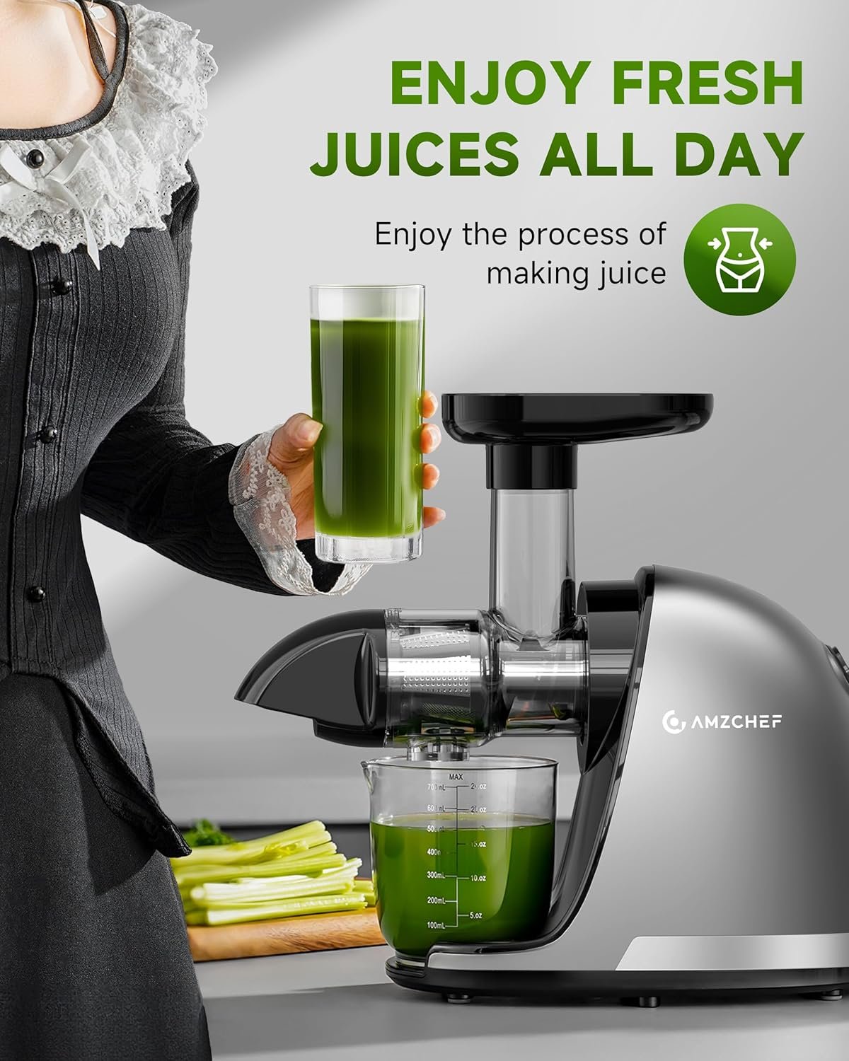 Masticating Juicer Machines, AMZCHEF Slow Cold Press Juicer with Reverse Function, High Juice Yield, Easy Clean with Brush,Recipes for High Nutrient Fruits and Vegetables, Gray(Updated) - Image 7