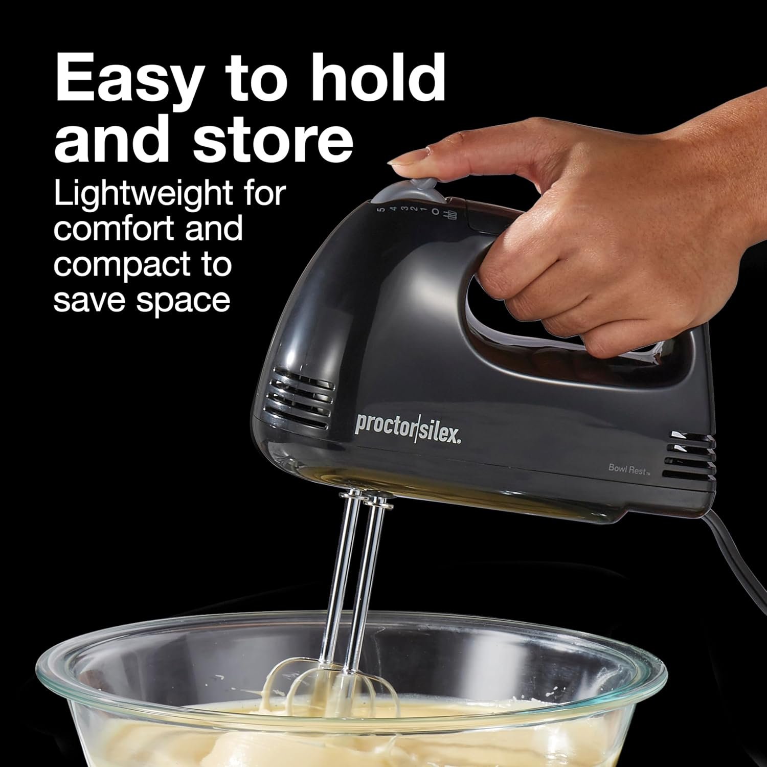 Proctor Silex Easy Mix 5-Speed Electric Hand Mixer with Bowl Rest, Compact and Lightweight, 100 Watts of Peak Power, Black (62507PS) - Image 4