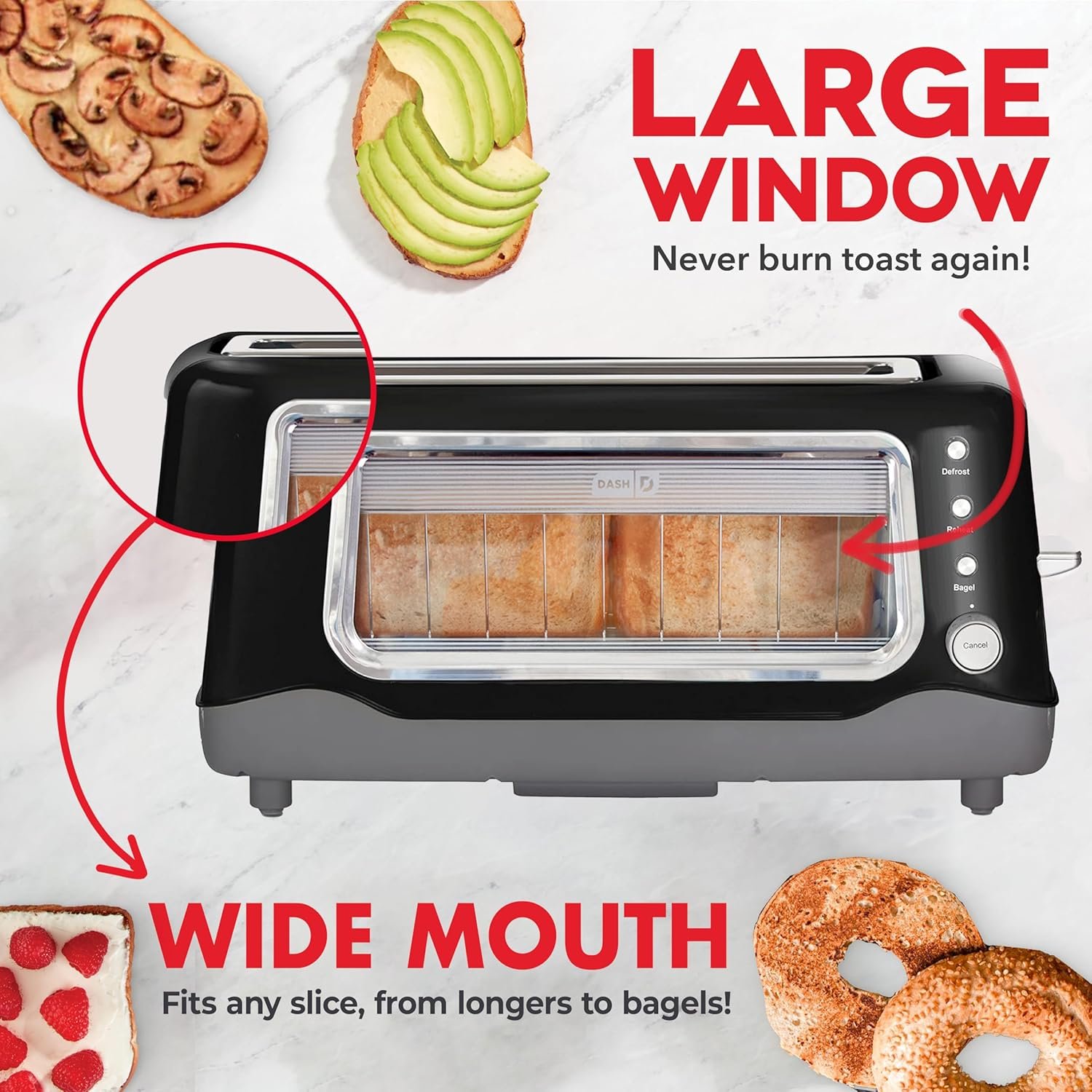 DASH Clear View Toaster - Compact Design with 7 Browning Levels & Clear-View Window, Extra-Wide Slot Large Toaster, 1-Touch Defrost, Reheat & Bagel Functions - Easy Clean Up Crumb Tray (Black) - Image 2