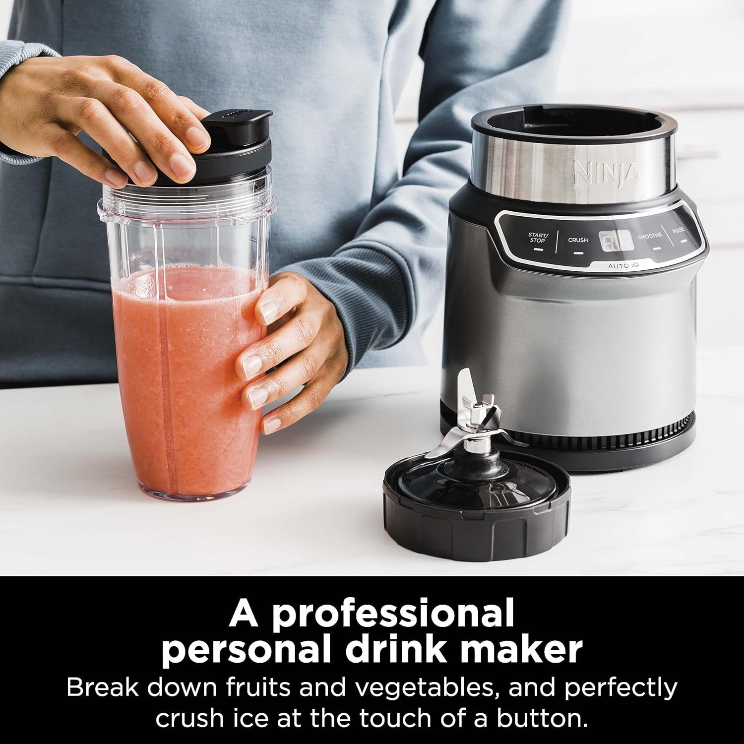 Ninja BN401 Nutri Pro Compact Personal Blender, Auto-iQ Technology, 1100-Peak-Watts, for Frozen Drinks, Smoothies, Sauces & More, with (2) 24-oz. To-Go Cups & Spout Lids, Cloud Silver - Image 4