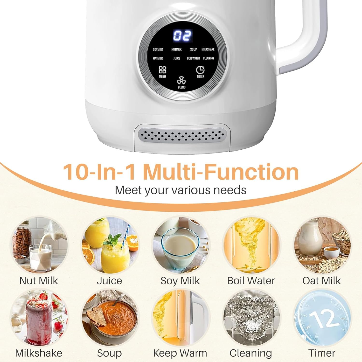 10-in-1 Nut Milk Maker, Electric Bean and Nut Milk Machine, 40oz Soy Milk Maker Blender for Homemade Almond, Oat, Soy, Coconut, Juice, Milkshake with Delay Start/Boil Water/Keep Warm/Auto-Clean, White - Image 2