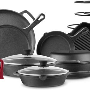 Cuisinel Cast Iron Cookware Set – Complete Pre-Seasoned Kit – 8″ Skillet + 10″+12″ Skillets with Glass Lid + Grill Pan + Multi-Cooker/Dutch Oven + Flat Griddle + Pizza Pan + Pan Rack Organizer – 2024