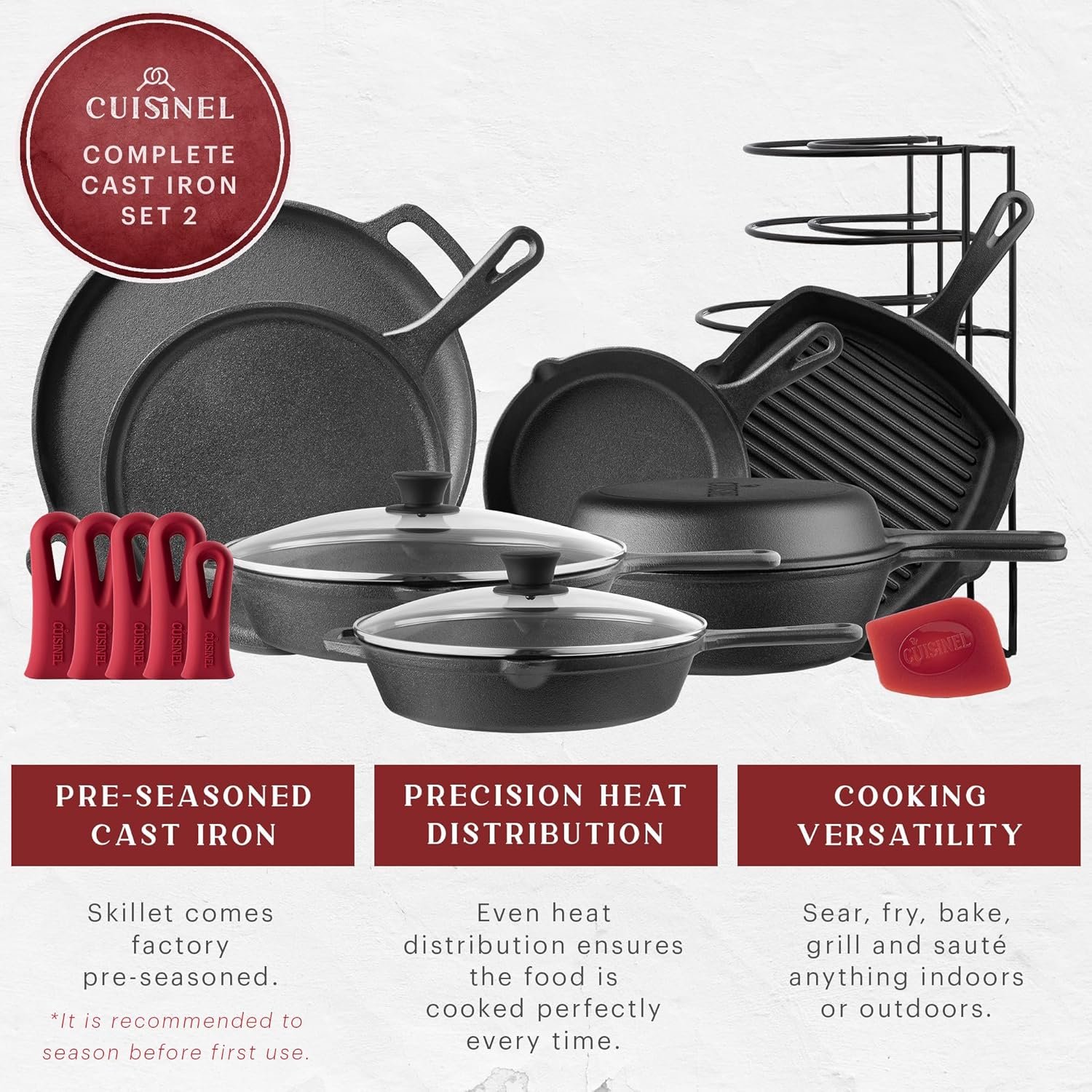 Cuisinel Cast Iron Cookware Set - Complete Pre-Seasoned Kit - 8" Skillet + 10"+12" Skillets with Glass Lid + Grill Pan + Multi-Cooker/Dutch Oven + Flat Griddle + Pizza Pan + Pan Rack Organizer - 2024 - Image 3